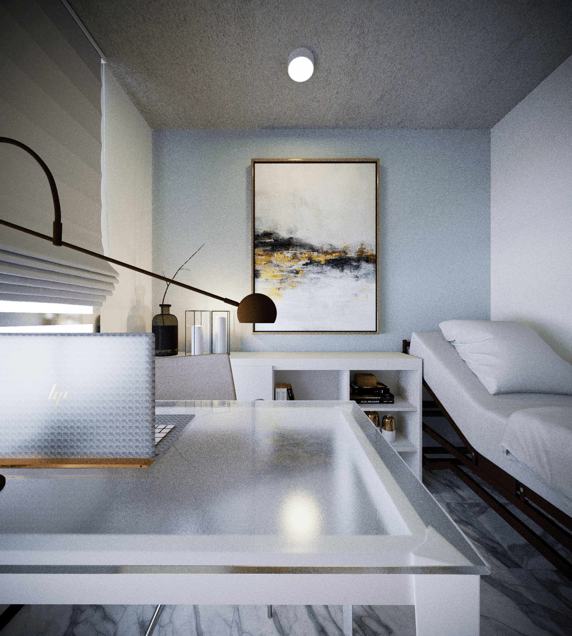 Modern white kitchen with a marble countertop, black bar stool, and a white table. There is a black and gold lamp on the table and a bookshelf underneath. The wall has a large abstract painting and a window with white blinds.