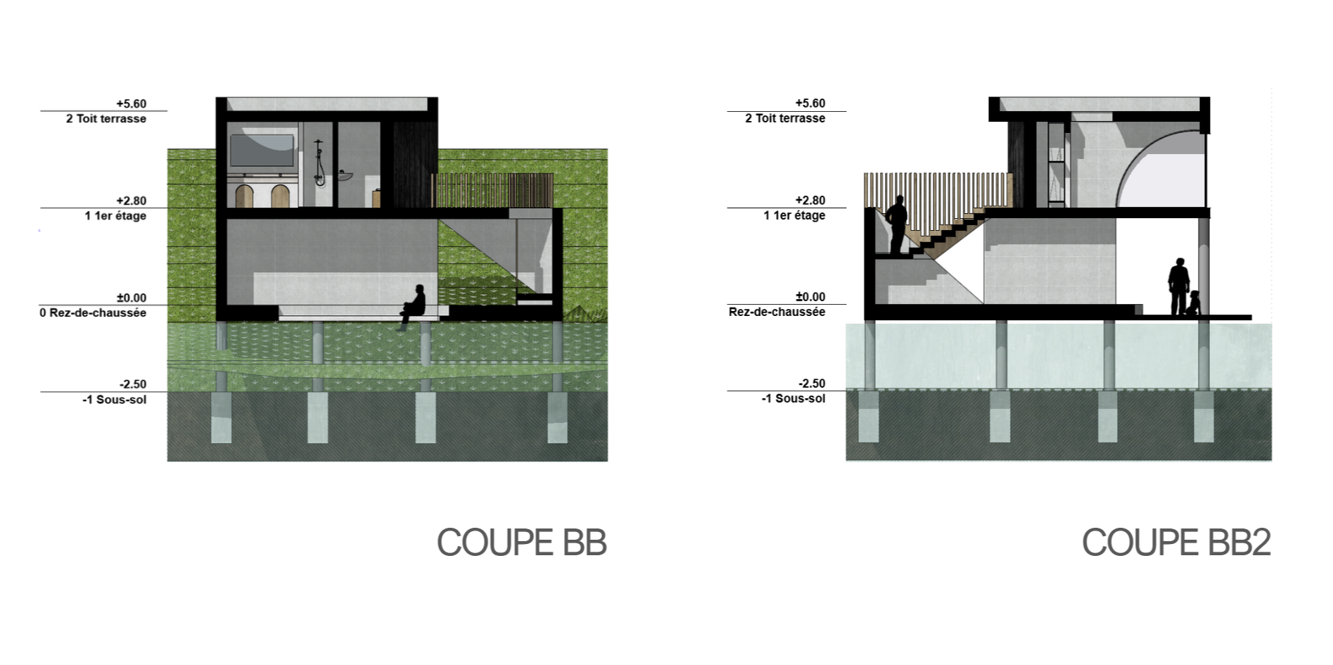 Architectural section drawings of a multi-story building, showing interior layouts and structural elements, with labels indicating floor levels and a person sitting inside.