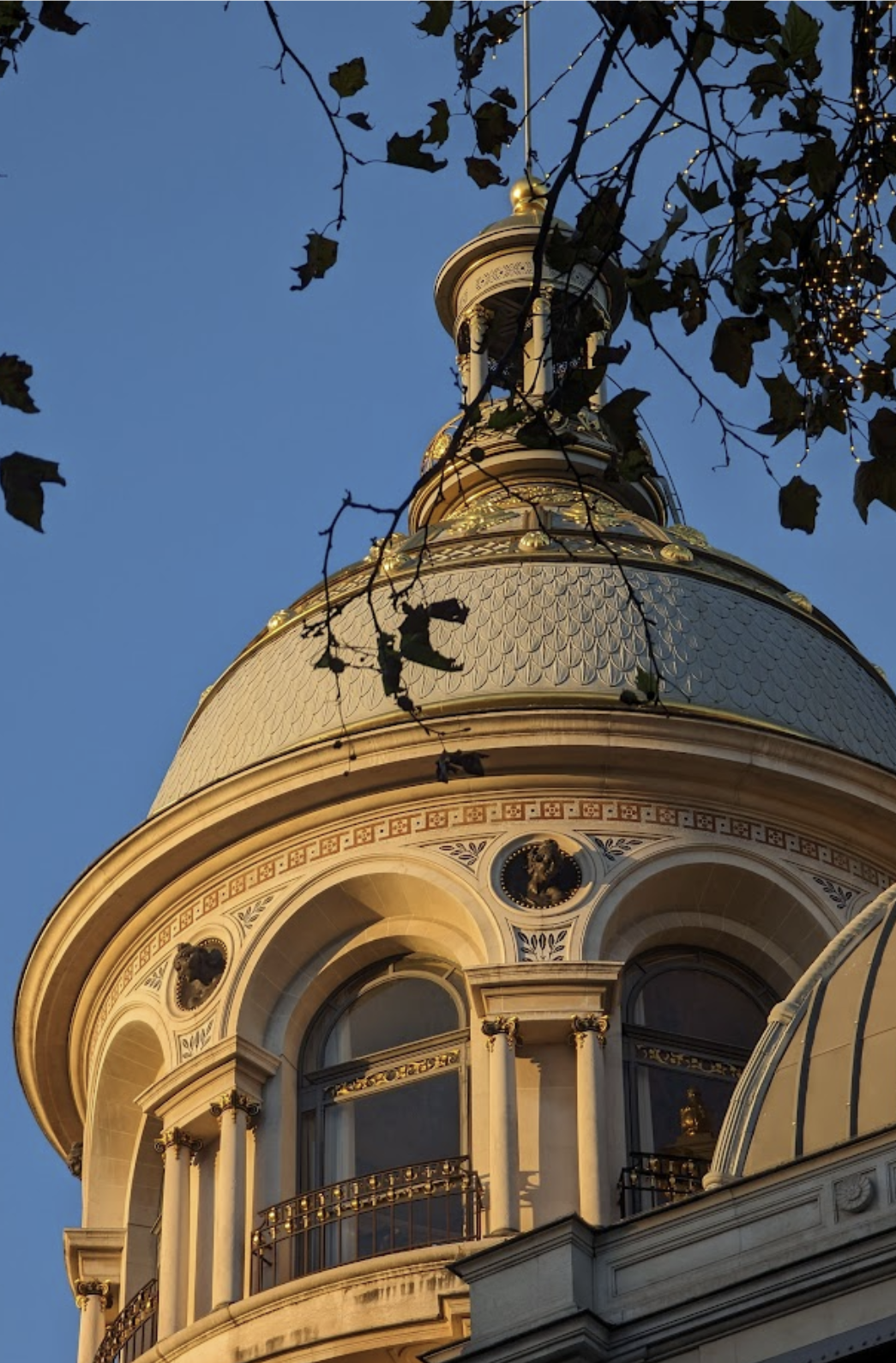 Close-up of a historic building with ornate architecture, arched windows, and a domed roof, illuminated by warm lighting, seen from below against a blue sky, with tree branches and leaves in the foreground.