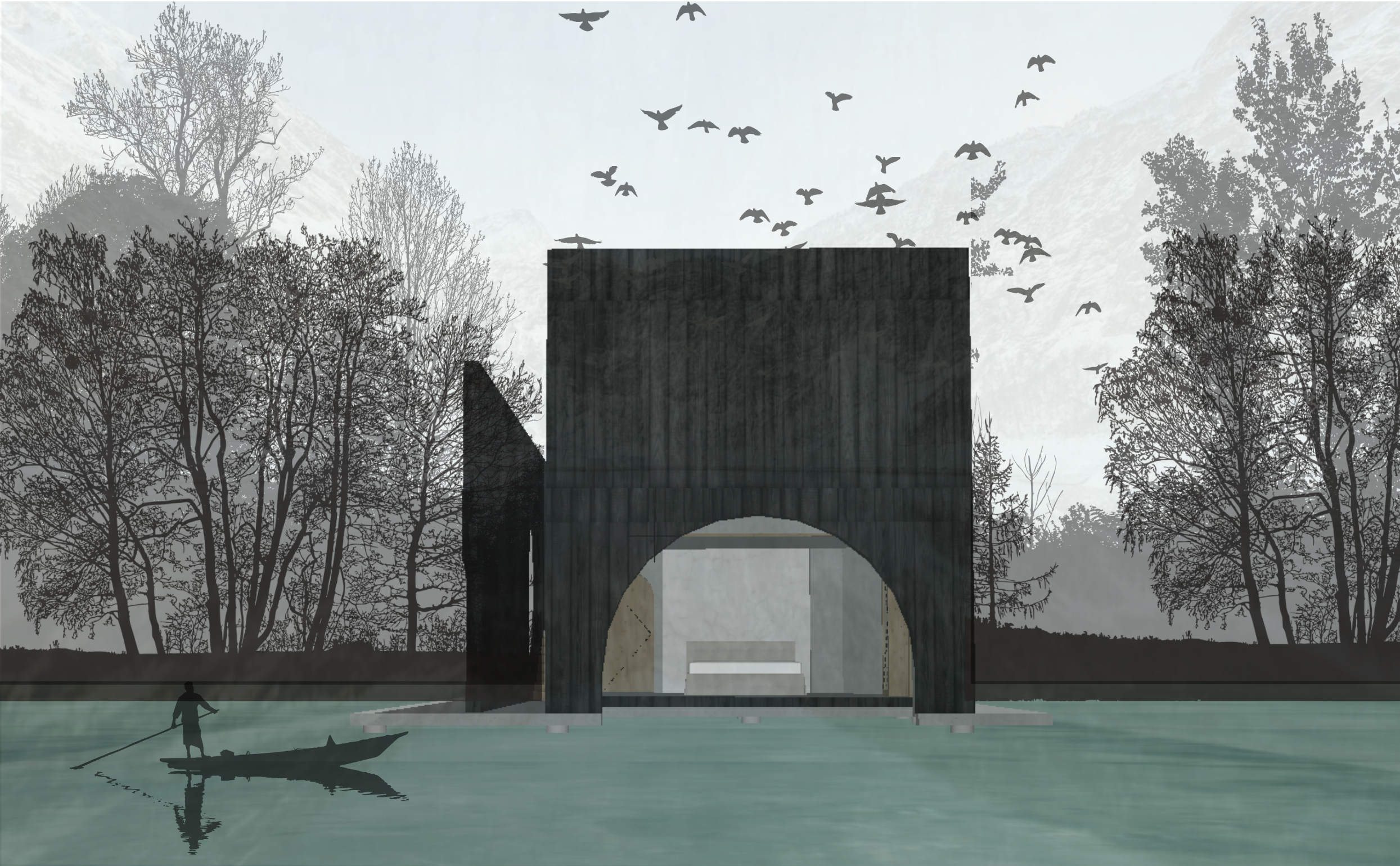A grayscale digital illustration of a bridge over calm water surrounded by leafless trees and mountains in the background. Seagulls fly overhead, and a person in a boat with a pole is in the water.