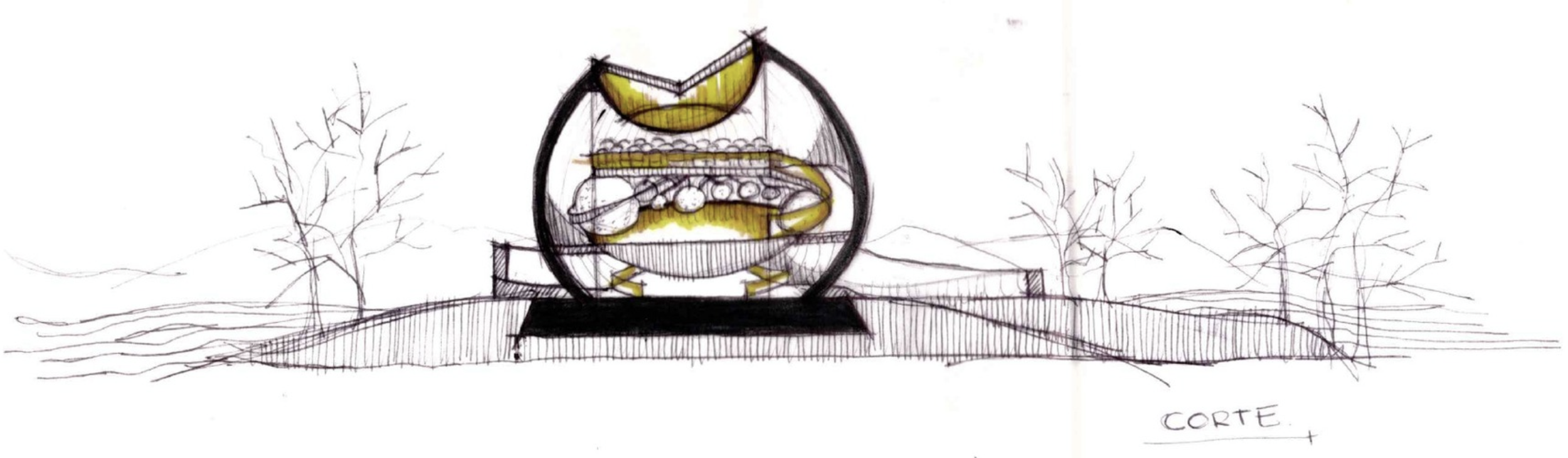 Sketch of a spherical building with a cross-section view, showing interior spaces like a lobby, stairs, and seating areas. The building is set on a landscaped area with trees on either side, and the word 'CORTE' written in the bottom right corner.