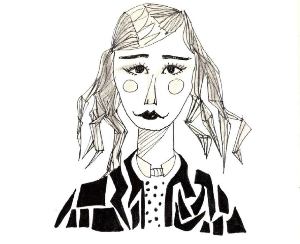 Line drawing of a woman with shoulder-length hair, wearing a jacket over a polka dot shirt, with a neutral expression.