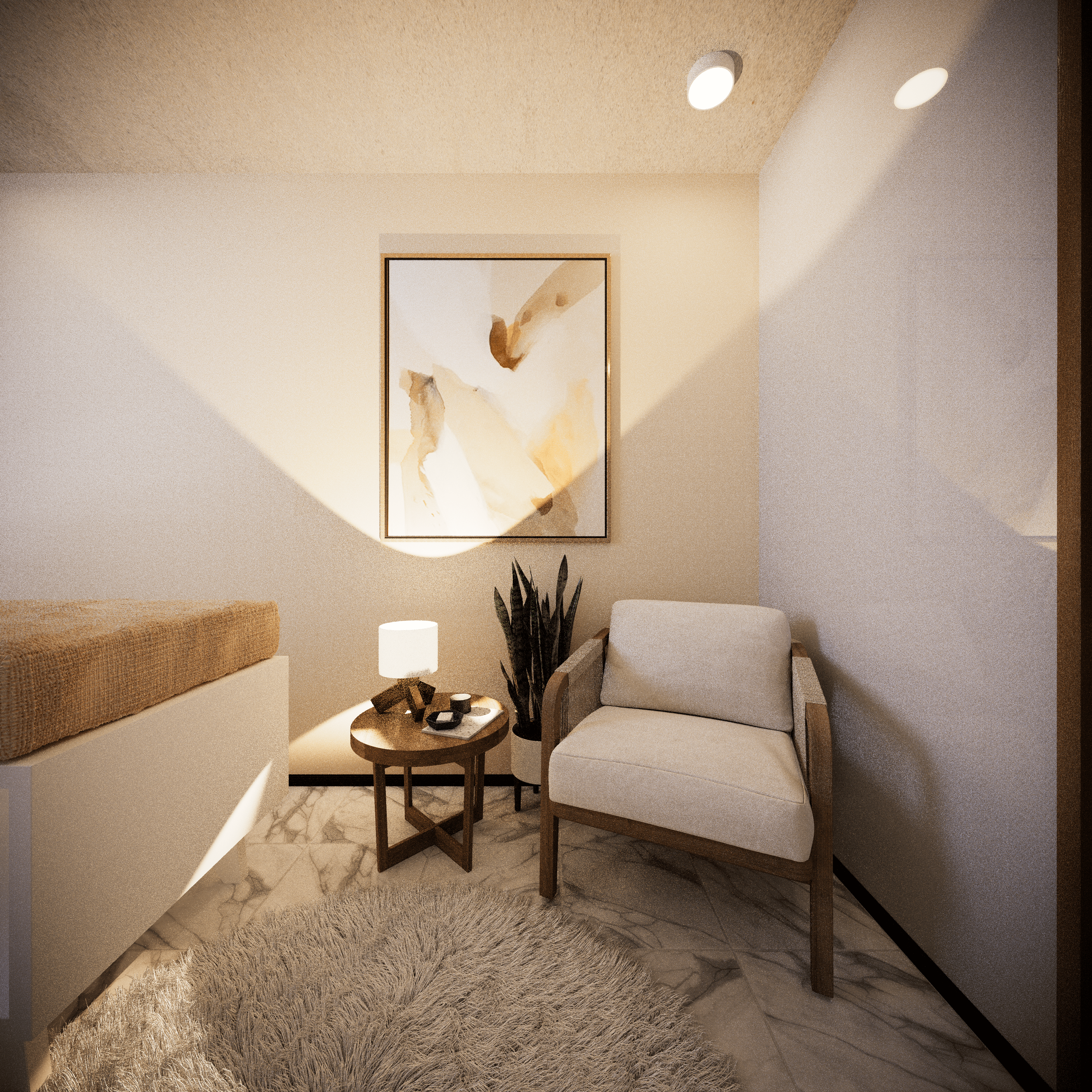 A cozy living room corner with two white cushioned chairs, a small round wooden coffee table, a black potted plant, a framed watercolor artwork on the beige wall, and a fluffy beige area rug.