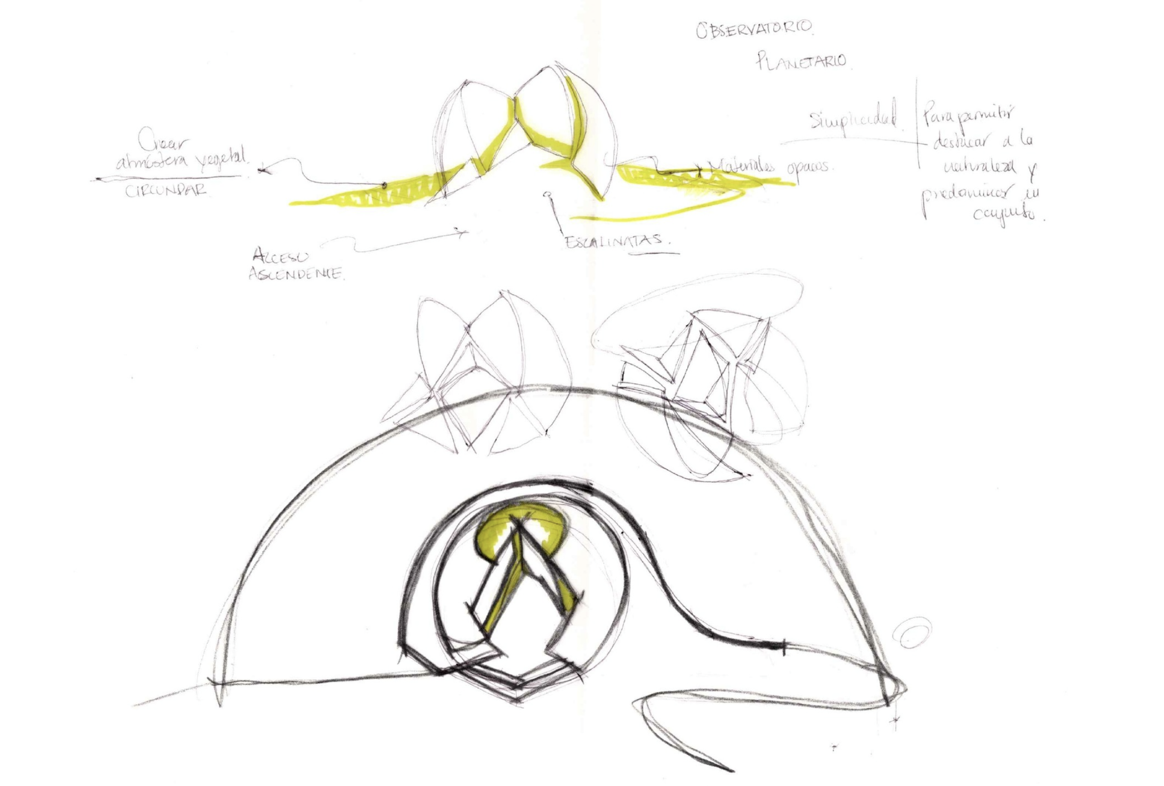 Hand-drawn sketch of an observatory or planetarium with notes in Spanish, featuring a central dome structure and surrounding markings.