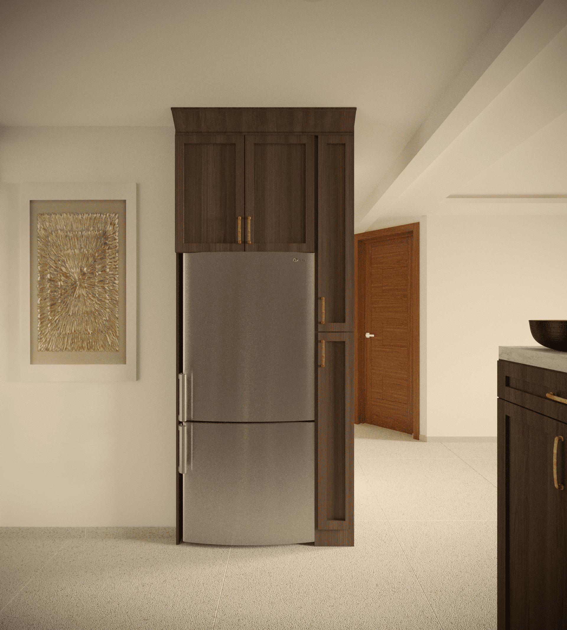 Kitchen corner with a wooden cabinet, a refrigerator, a framed artwork on the wall, and sliding closet doors.