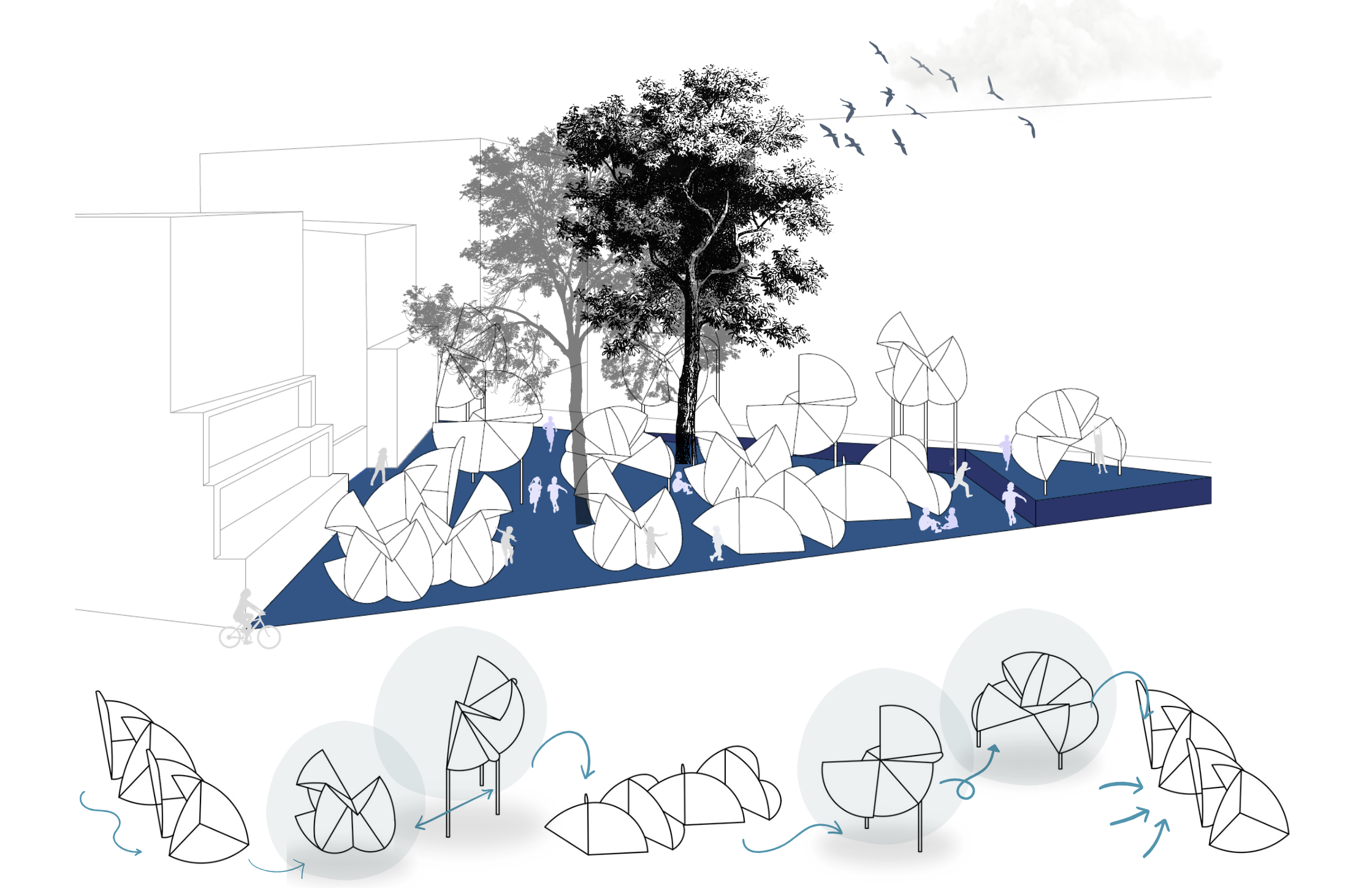 Design blueprint of a public park area featuring large trees, abstract structures resembling umbrellas, and paths with silhouettes of people engaging in activities.
