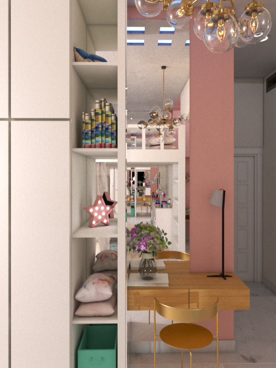 A bright, colorful interior view of a room with built-in white shelves, pink walls, gold accents, a wooden table, and a mirror reflecting part of the room.