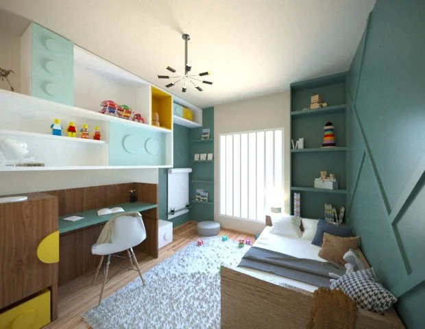 Child's bedroom with teal walls, white and wooden furniture, a bed with gray and white bedding, a white desk with a white chair, built-in shelves with toys and books, a gray ottoman, a plush rug, and a window with vertical blinds.