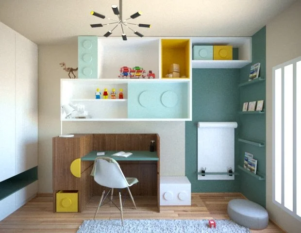 A colorful children's bedroom with built-in shelves, toys, a small desk, a white chair, a grey floor cushion, and a small window door. The shelves are painted in pastel blue and yellow, and the room has hardwood flooring and a modern ceiling light fixture.