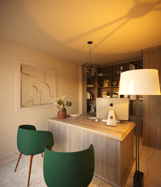 Home office with desk, green chairs, a desktop computer, a tall floor lamp, and bookshelves.