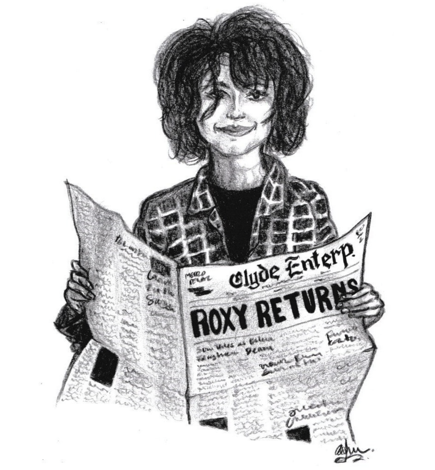 Black and white sketch of a woman with large curly hair, smiling and holding a newspaper titled 'Clude Enterp' with story headlines about Roxy returning. The woman is wearing a patterned jacket.