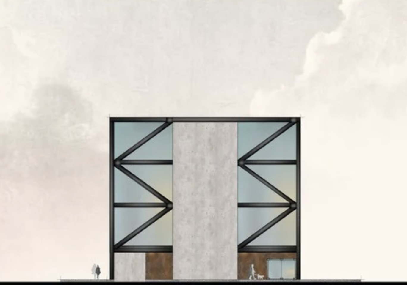Front view of a modern building with a symmetrical design, large glass windows, and a concrete facade against a cloudy sky.