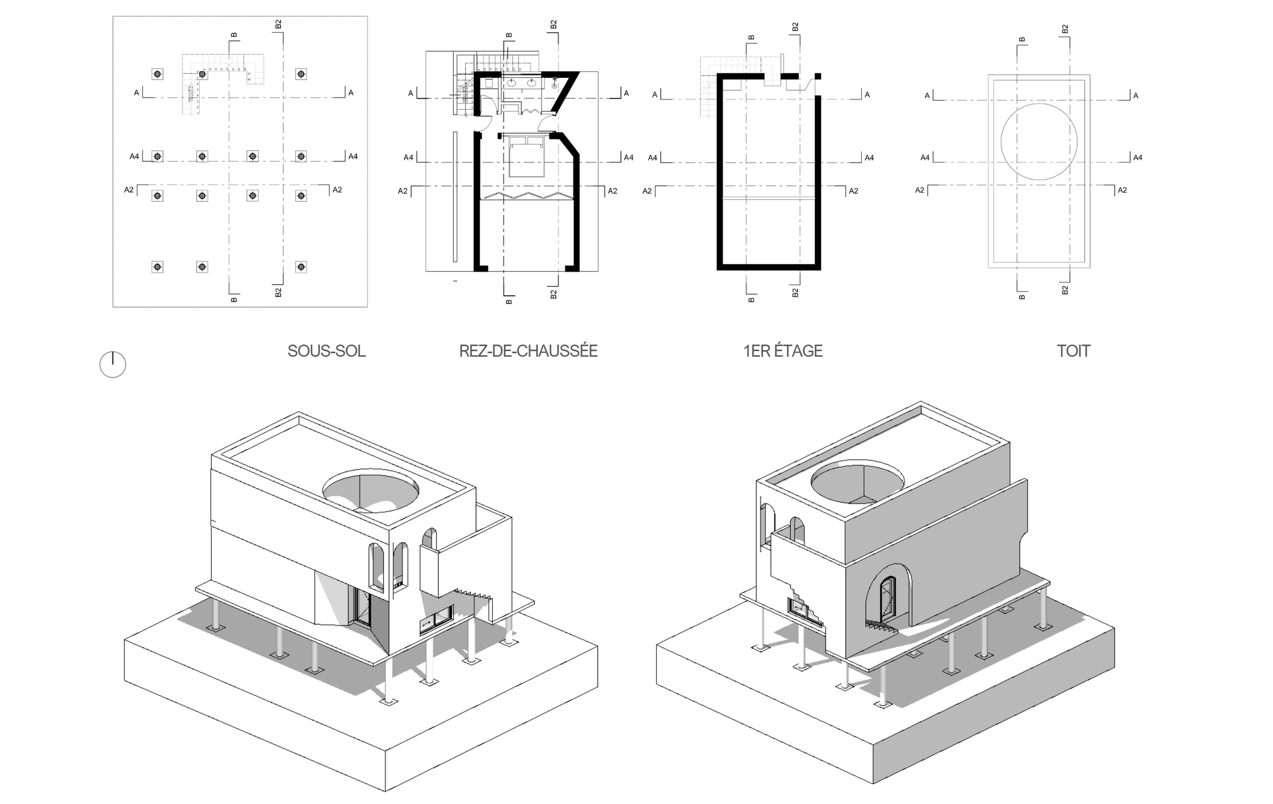 Architectural plans and digital 3D models of a small building or construction project, including floor plans for various levels and a detailed 3D rendering of the structure.