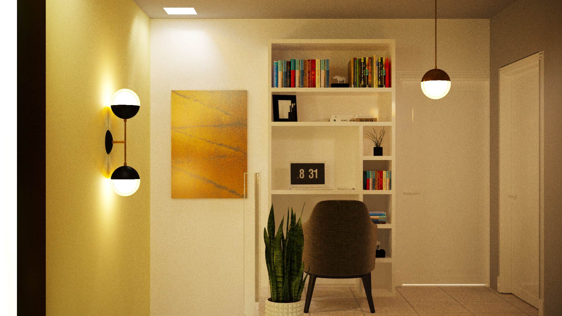Living room with yellow accent wall, wall-mounted light fixtures, shelf with books, decorative items, potted plant, and a brown chair.
