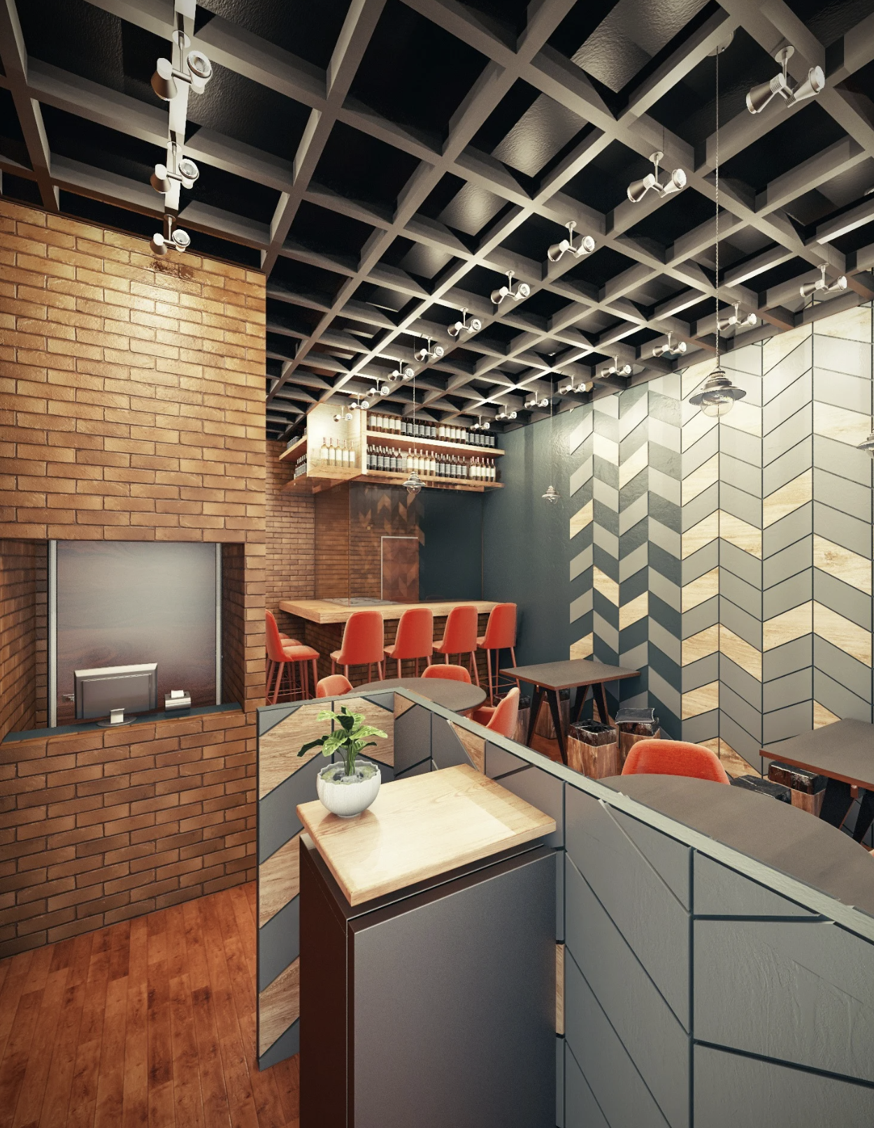Interior of a modern restaurant or cafe with brick and painted walls, orange chairs, wooden tables, and a decorative ceiling with track lighting.