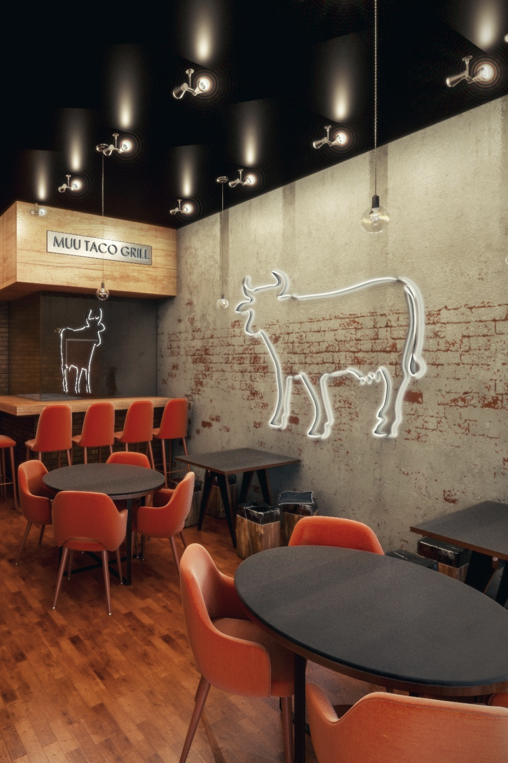 Interior of a restaurant called Muu Taco Grill with a rustic design, featuring a brick wall with neon goat outline signs and a small bar area with orange chairs.