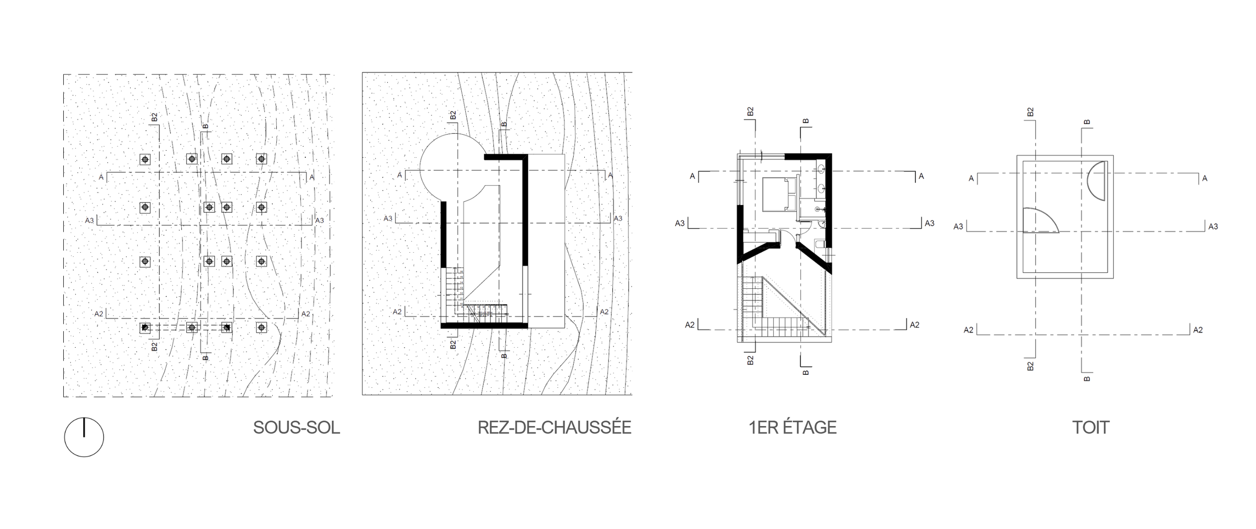 Architectural blueprint with four sections labeled sous-sol, rez-de-chaussée, 1er étage, and toit, showing floor plans and structural details.