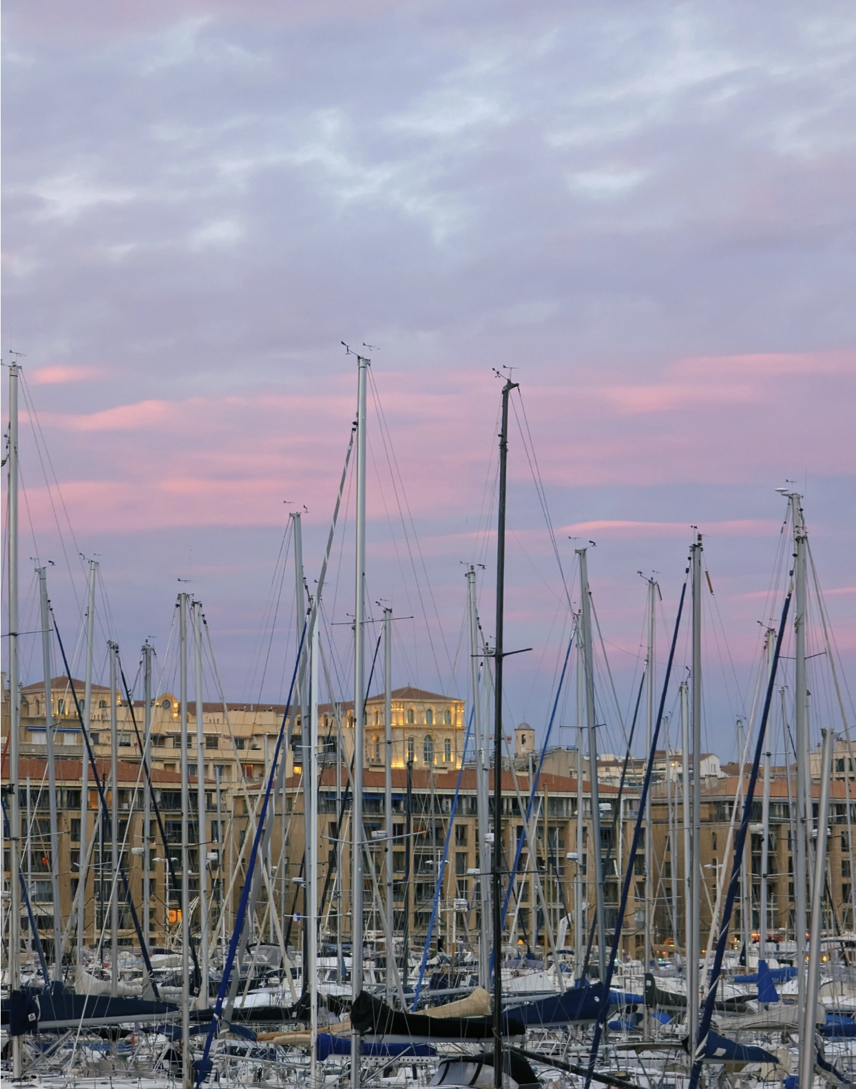Marina with sailboats docked, buildings in the background, and a pastel-colored sky with clouds at sunset.