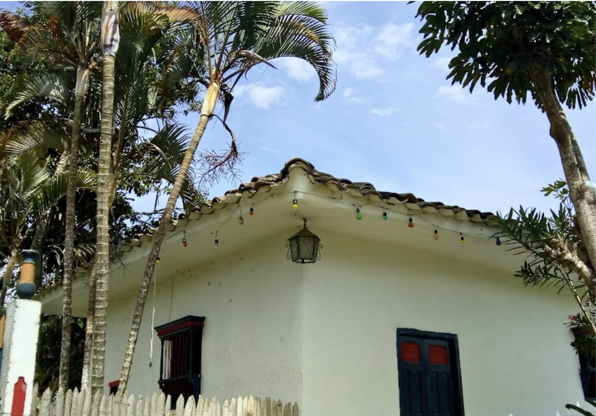 A white house with a tiled roof decorated with colorful string lights, surrounded by tall palm trees and other greenery, and a white picket fence in front.