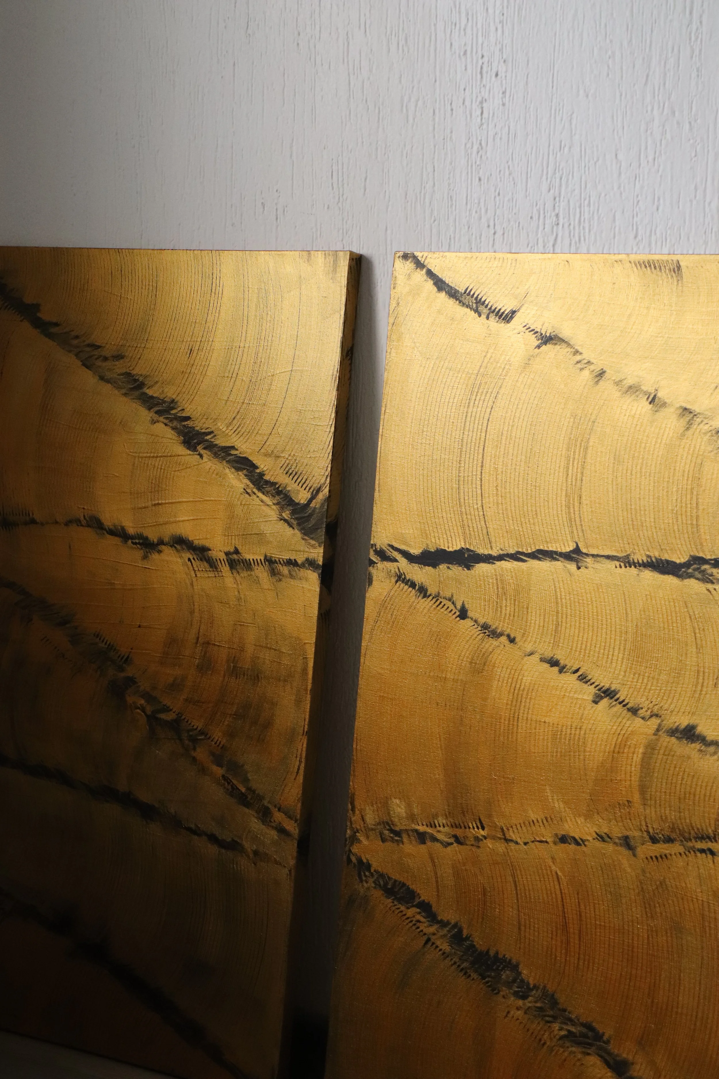Close-up photo of two wooden pieces with visible growth rings and black edges, placed next to each other with a narrow gap and a wooden stick running vertically between them, against a plain textured background.