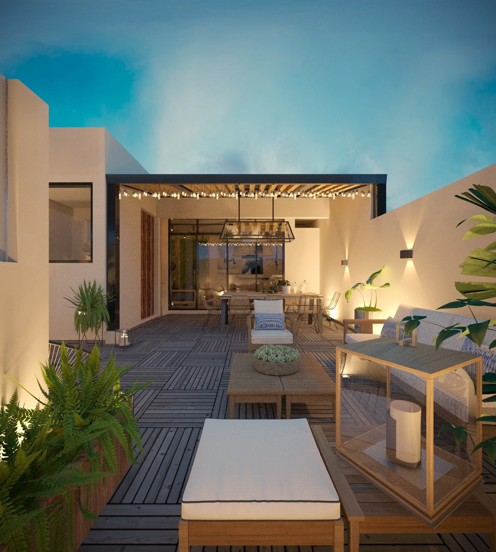 Modern outdoor patio area with wooden furniture, string lights, lush green plants, and a partly covered roof, illuminated during dusk.