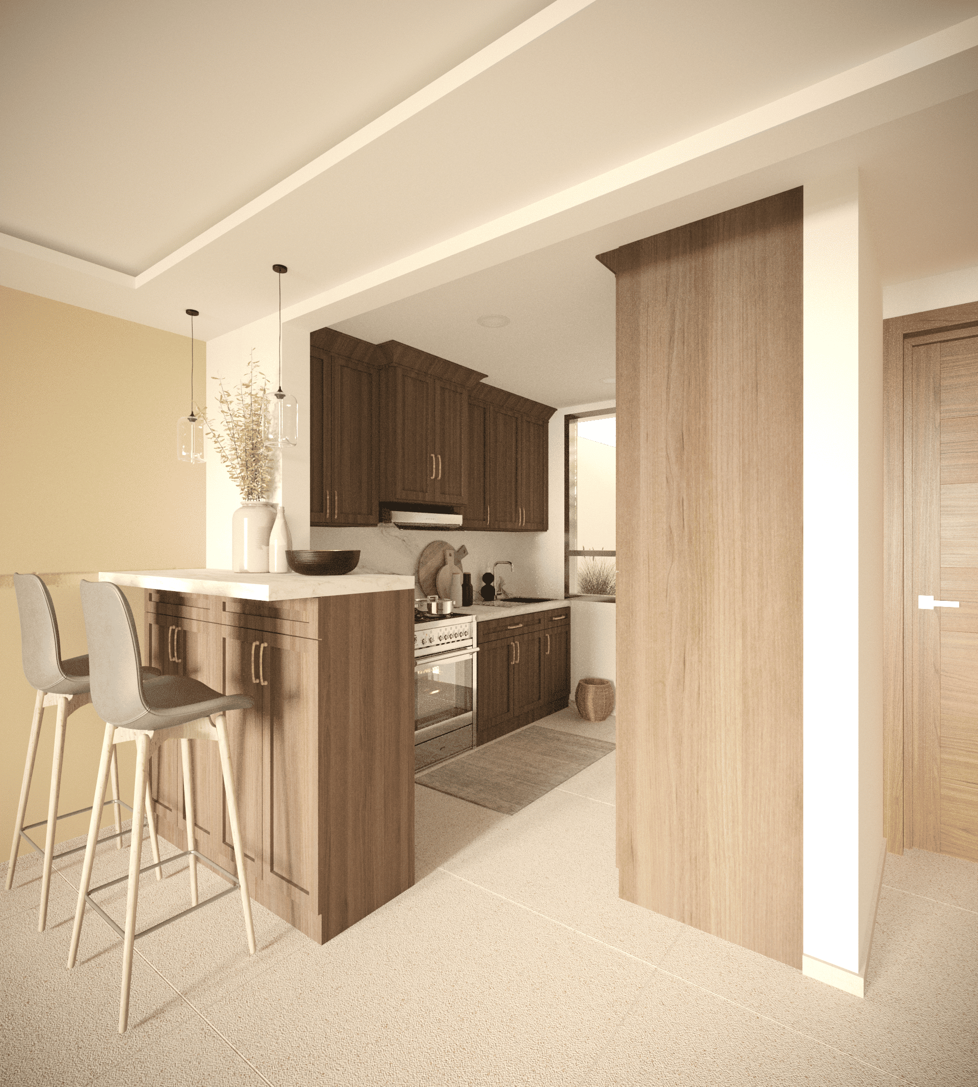 A modern kitchen with wooden cabinetry, a kitchen island with bar stools, pendant lights, and decorative vases with dried plants.