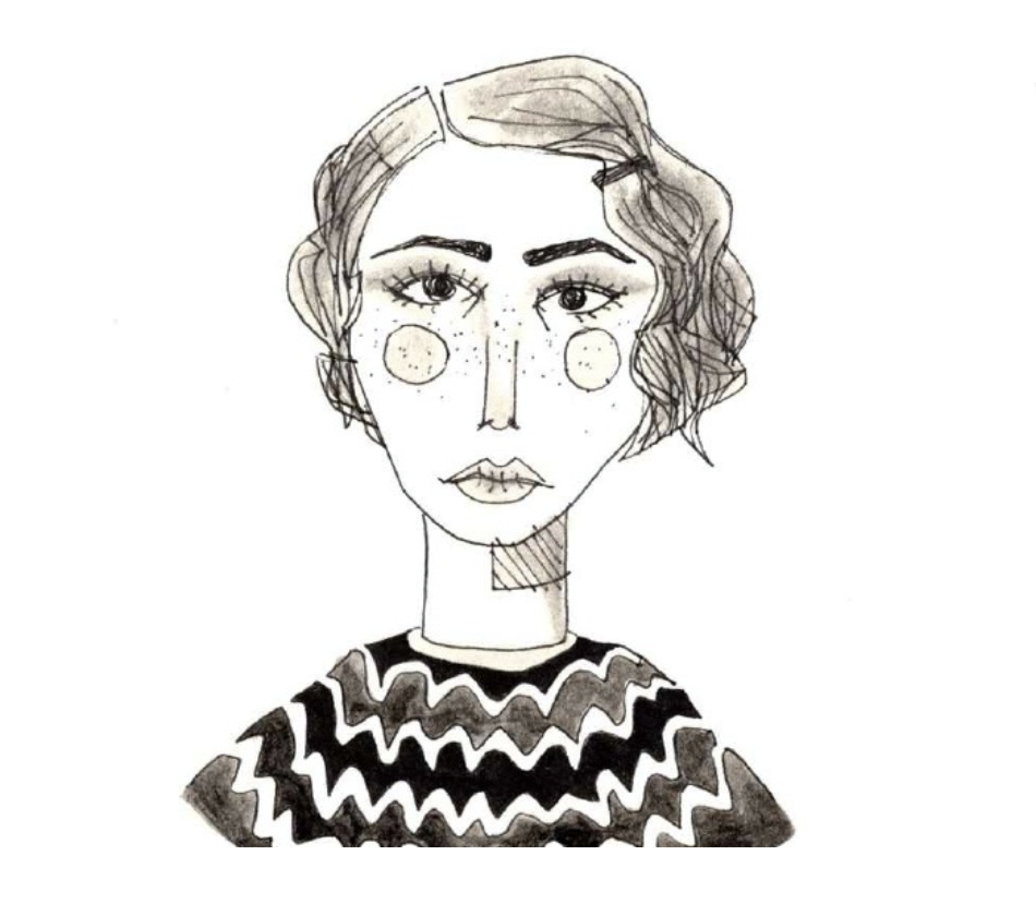 A line drawing of a woman with wavy hair, wearing a zigzag patterned shirt. She has prominent eyebrows, freckles, and a slightly serious expression.