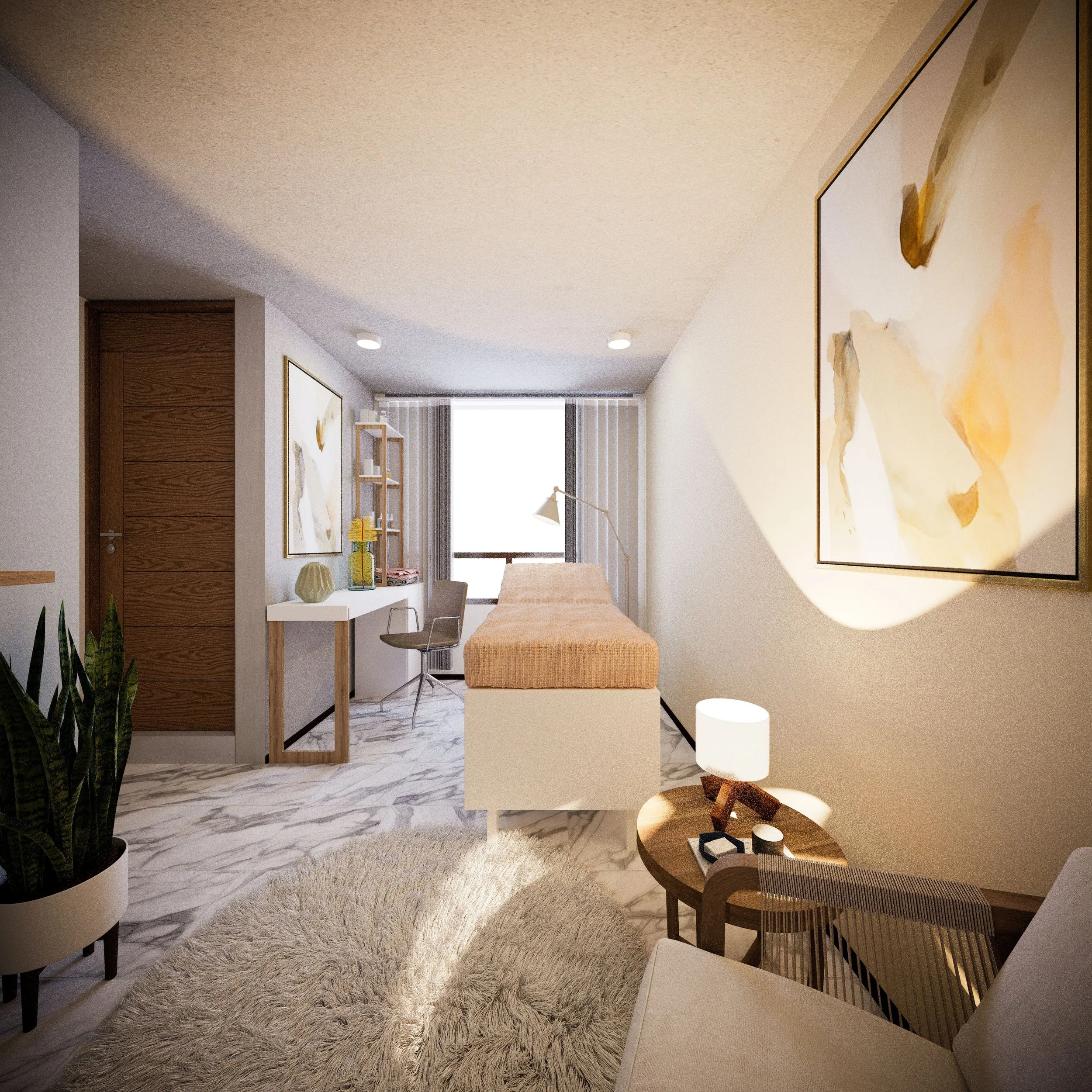 A modern living room with a beige rug, wooden chairs, and abstract artwork on the walls, illuminated by ceiling lights and natural light from windows.