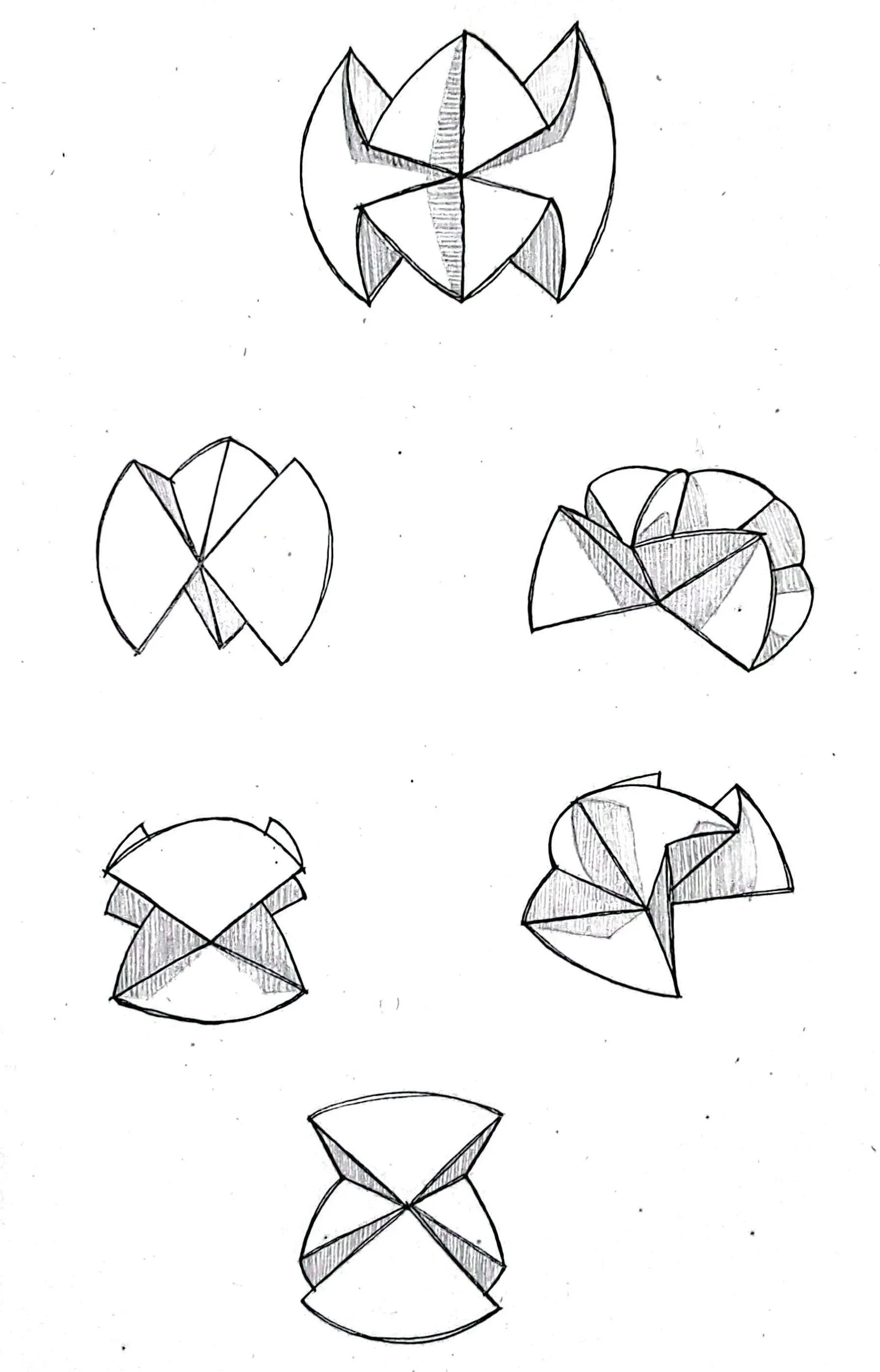 Set of hand-drawn geometric shapes resembling stylized flowers or ornaments, with various segmented and shaded sections.