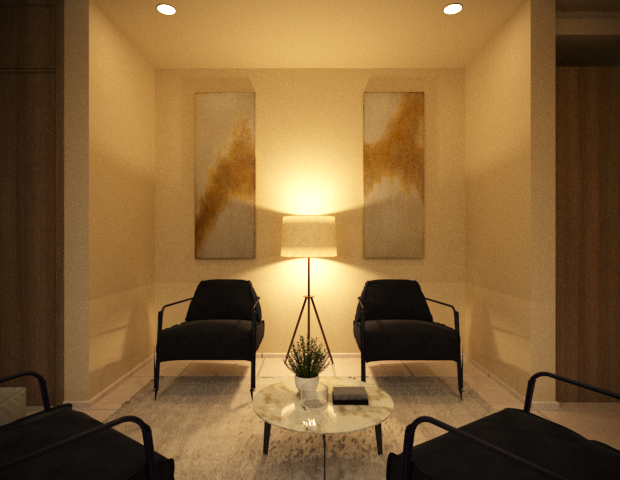 A cozy living room corner with two black armchairs, a small round marble table, a potted plant, and a standing lamp between two abstract paintings on the wall.