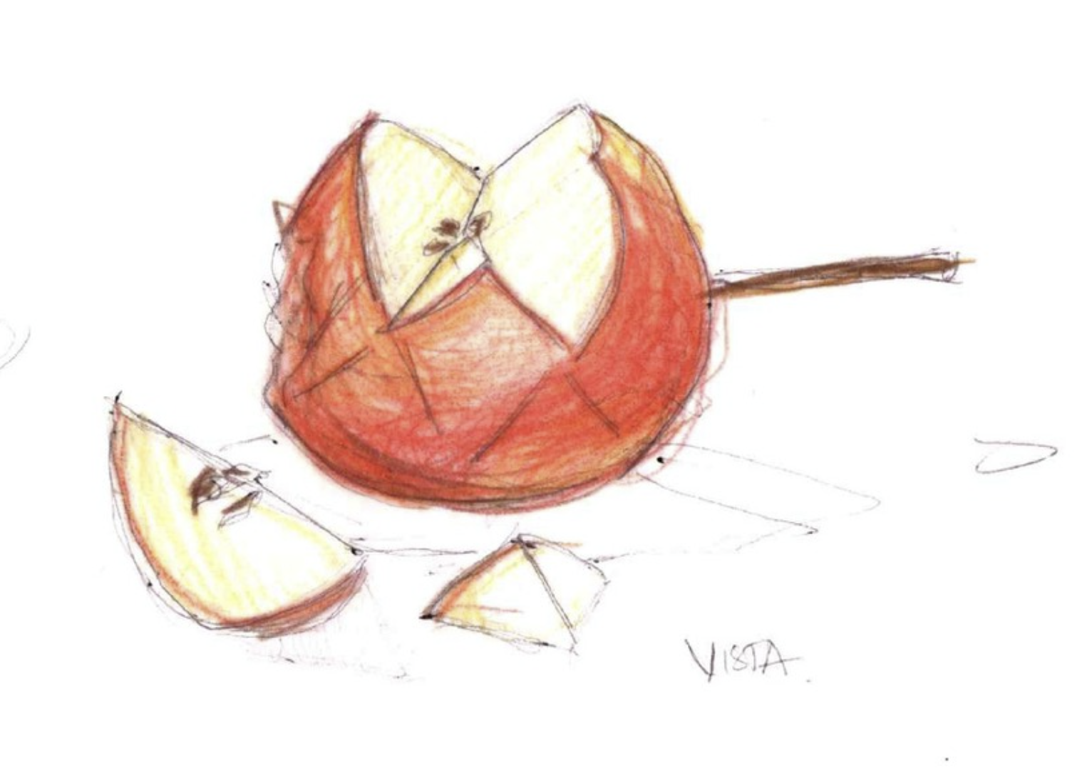 Hand-drawn illustration of a whole apple with a slice removed, showing the seeds inside, with additional apple slices around it, and a small signature reading 'VISTA' in the lower right corner.