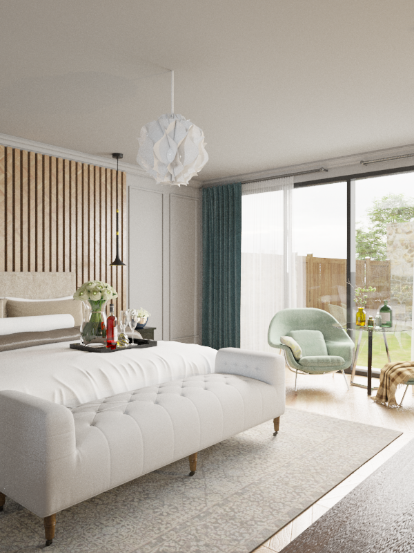 Modern living room with a white tufted sofa, a green armchair, a large window with sliding doors, and a decorative pendant light hanging from the ceiling.