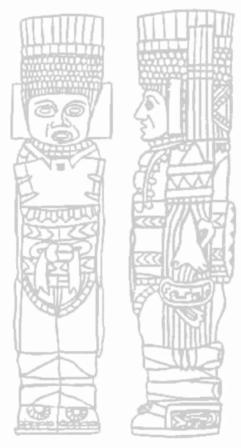 Line drawing of two indigenous tribal figures with traditional clothing and tall headdresses, depicted in profile and frontal views.