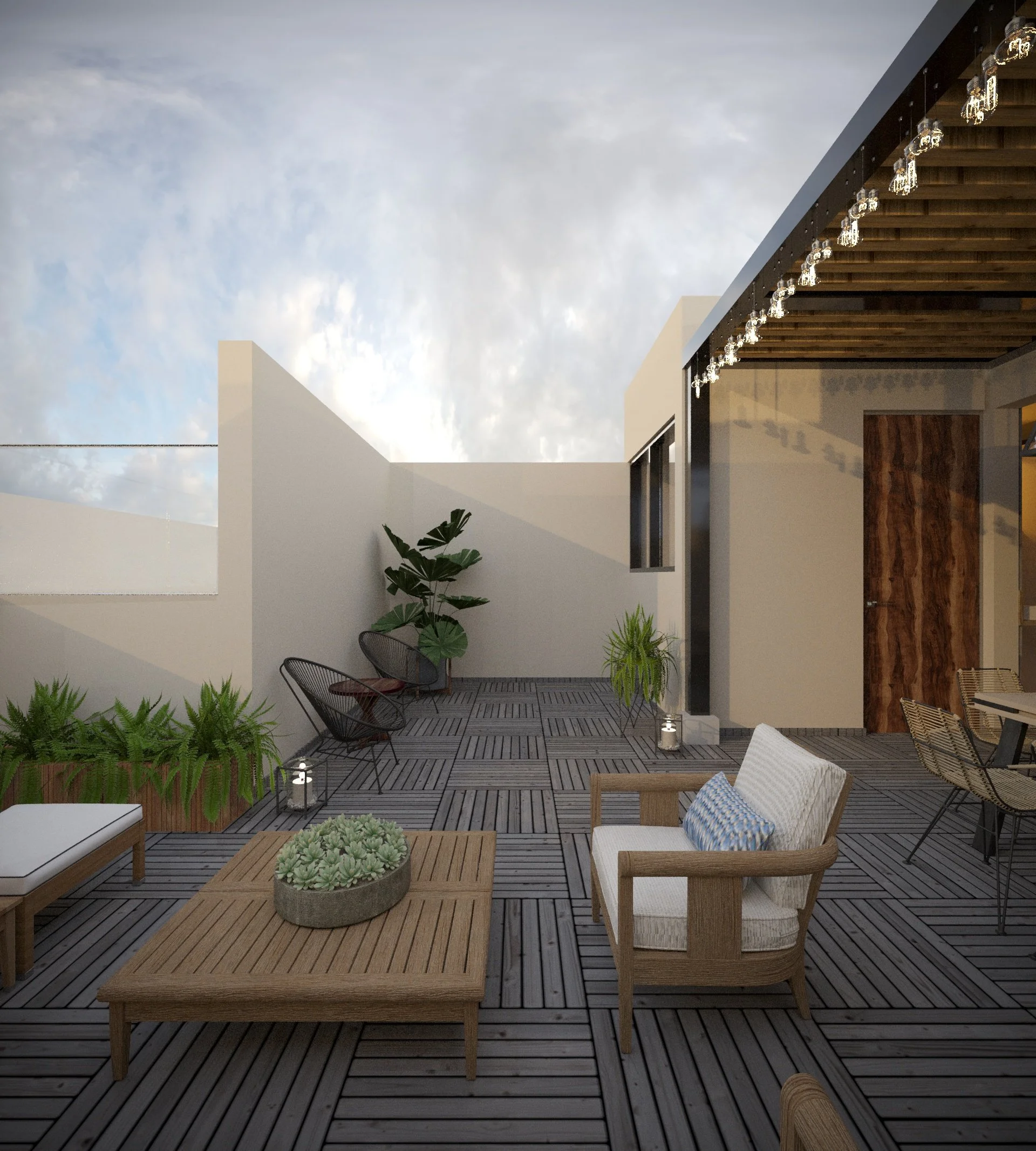 Outdoor patio area with wooden flooring, modern furniture including chairs and a bench, potted plants, decorative lanterns, and a building with a wooden overhang adorned with hanging string lights, under a cloudy sky.