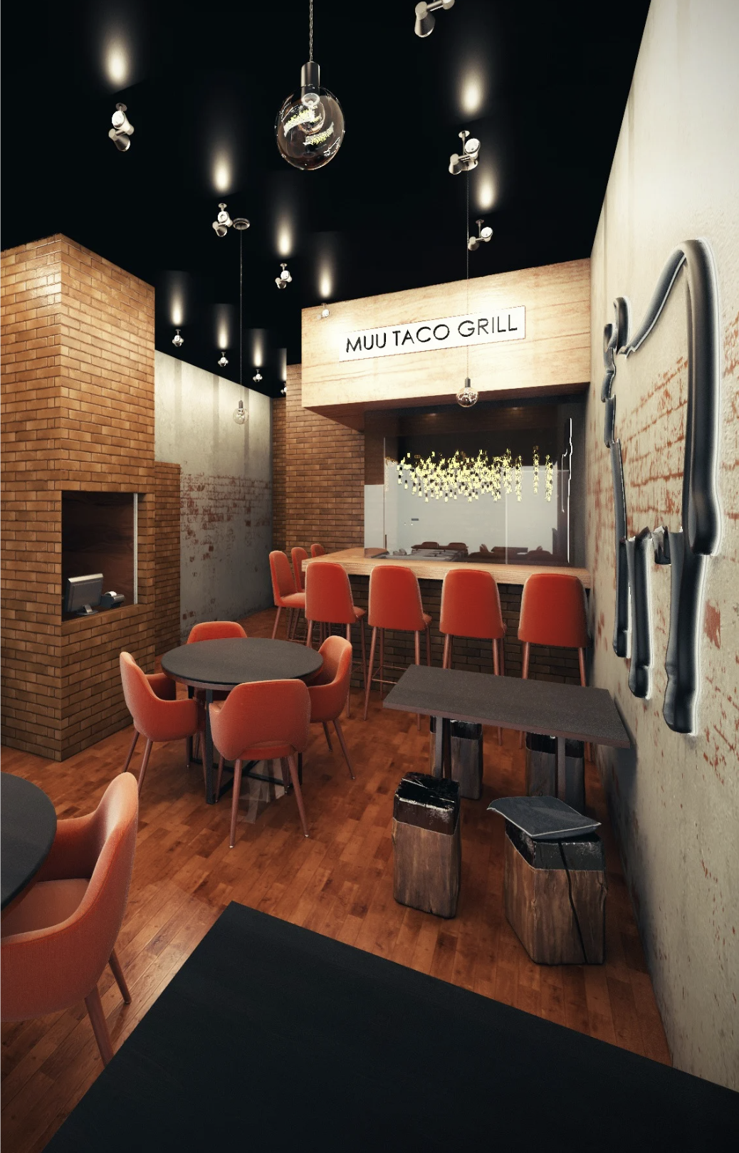 Interior of a restaurant called 'Muu Taco Grill' with brick walls, orange chairs, black tables, and decorative metal utensils on the wall.