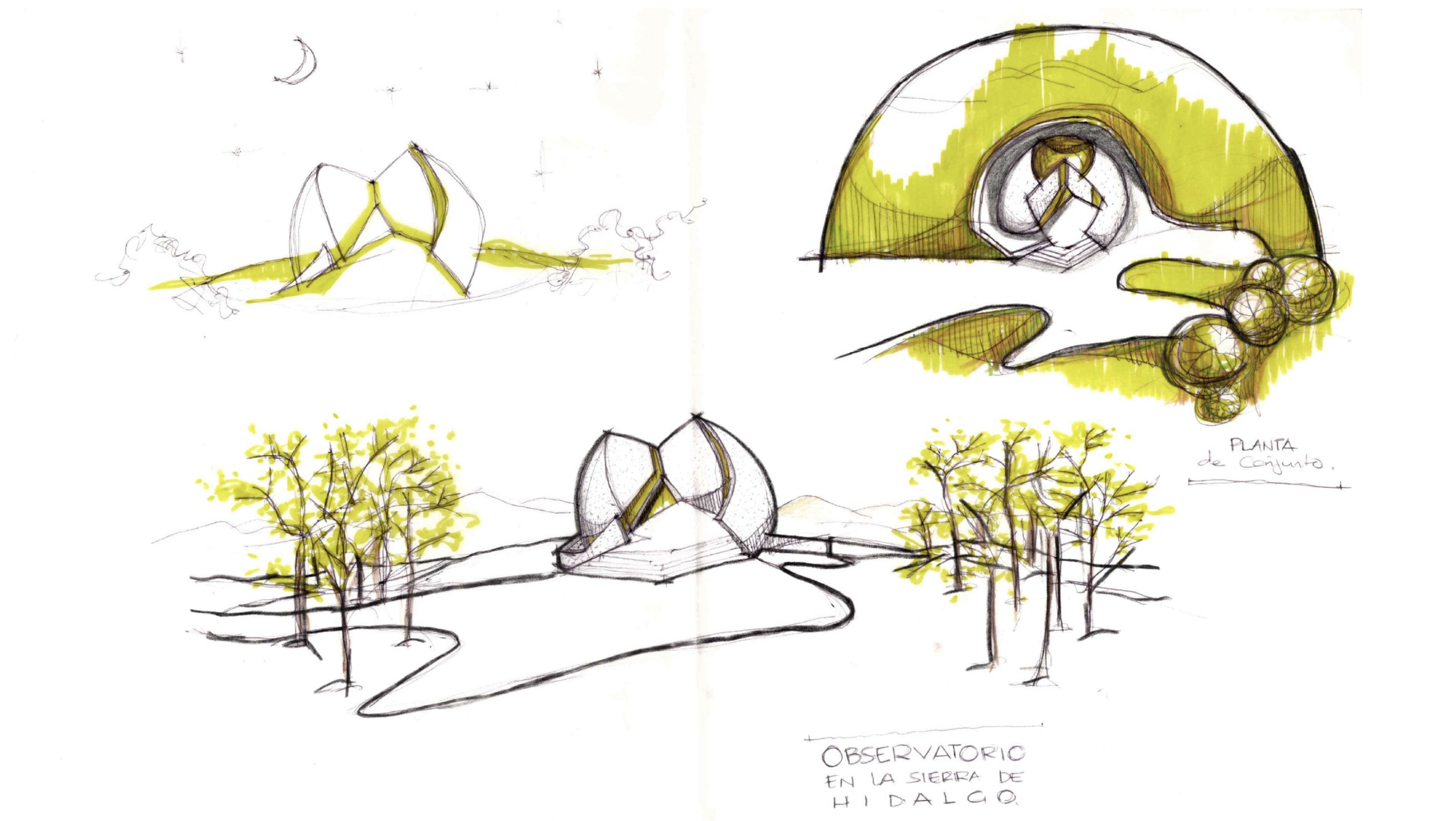 Sketches and renderings of an observatory design, showing structures in a wooded outdoor setting, with annotations and a nighttime sky with stars and a crescent moon. The drawings include perspectives of the observatory, trees, and landscape, with some areas highlighted in yellow.