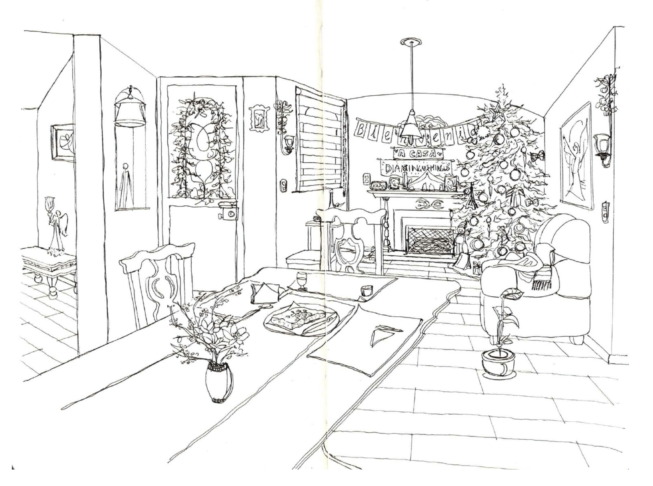 A black and white line drawing of a cozy living room decorated for Christmas with a decorated Christmas tree, fireplace, and festive banners reading "Feliz Navidad" and "Día de los Muertos". The room has furniture including chairs, a sofa, and various decorative elements.
