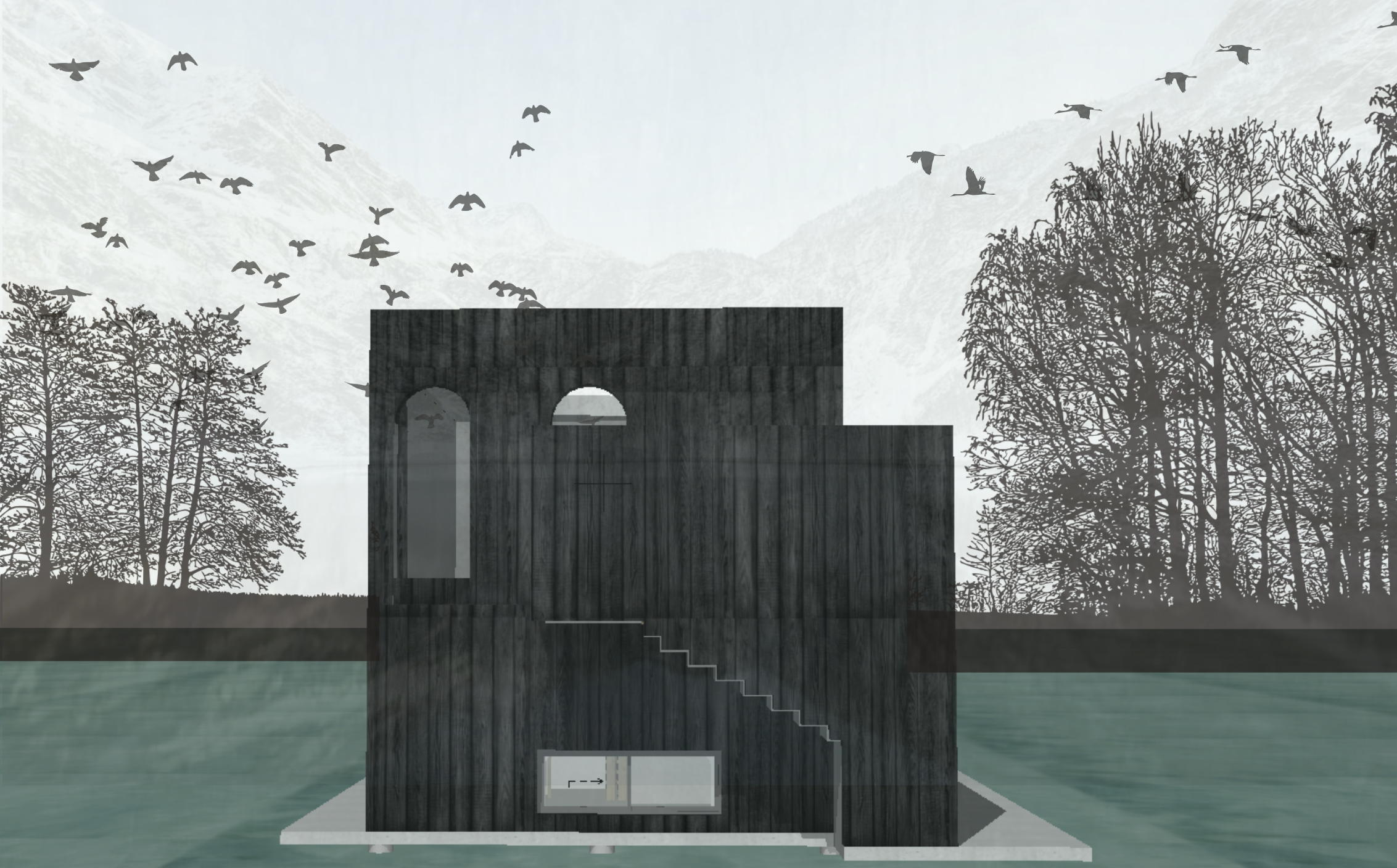 A digital rendering of a modern, dark wooden house by a body of water, with stairs leading down to the water. In the background, there are leafless trees, mountains, and a flock of birds flying in the sky.