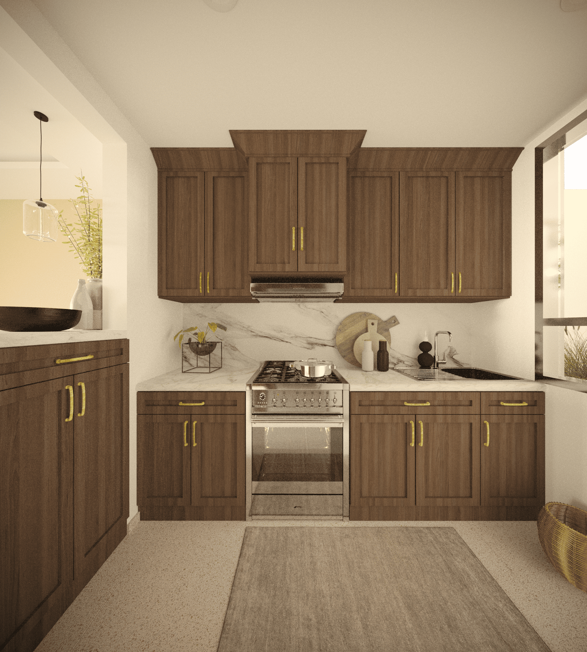 View of a modern kitchen with brown wooden cabinets, stainless steel oven, marble countertop, and various decorative items on the counter.