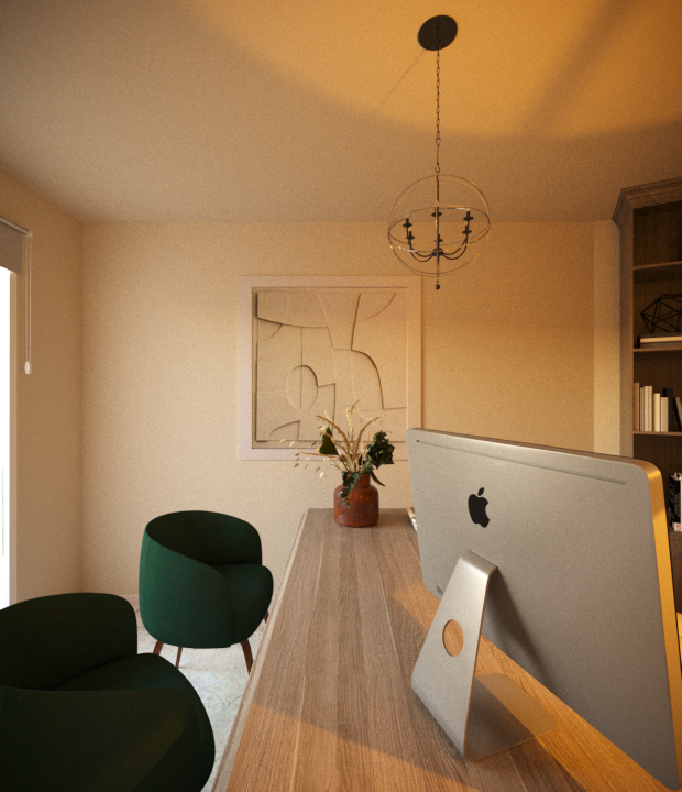 Home office or workspace with a wooden table, an iMac computer, green chairs, a potted plant, and wall art.