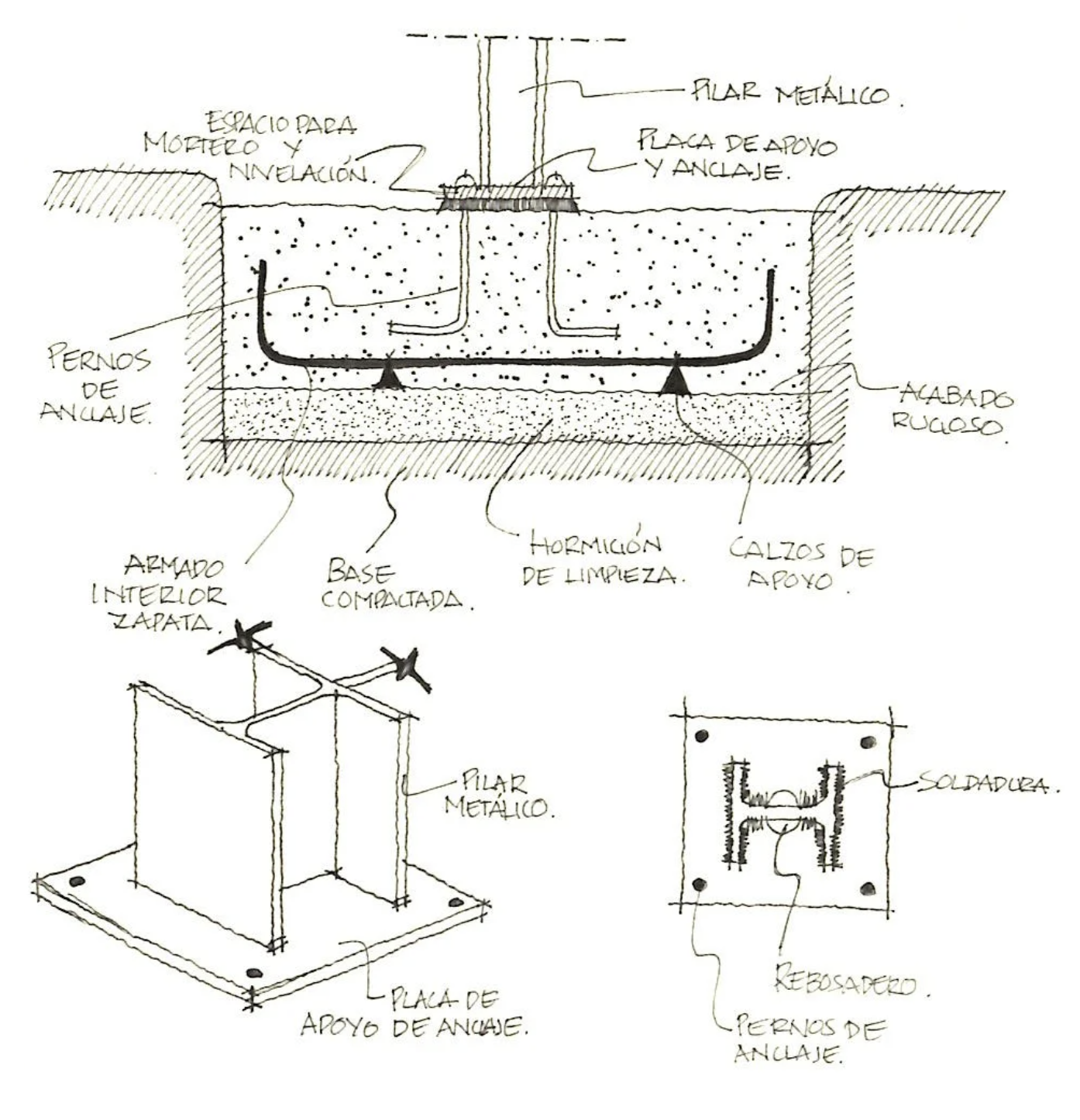 Hand-drawn construction diagram showing foundation and support structure components, including metal pillars, anchor plates, reinforcement bars, and concrete elements, with labels in Spanish.
