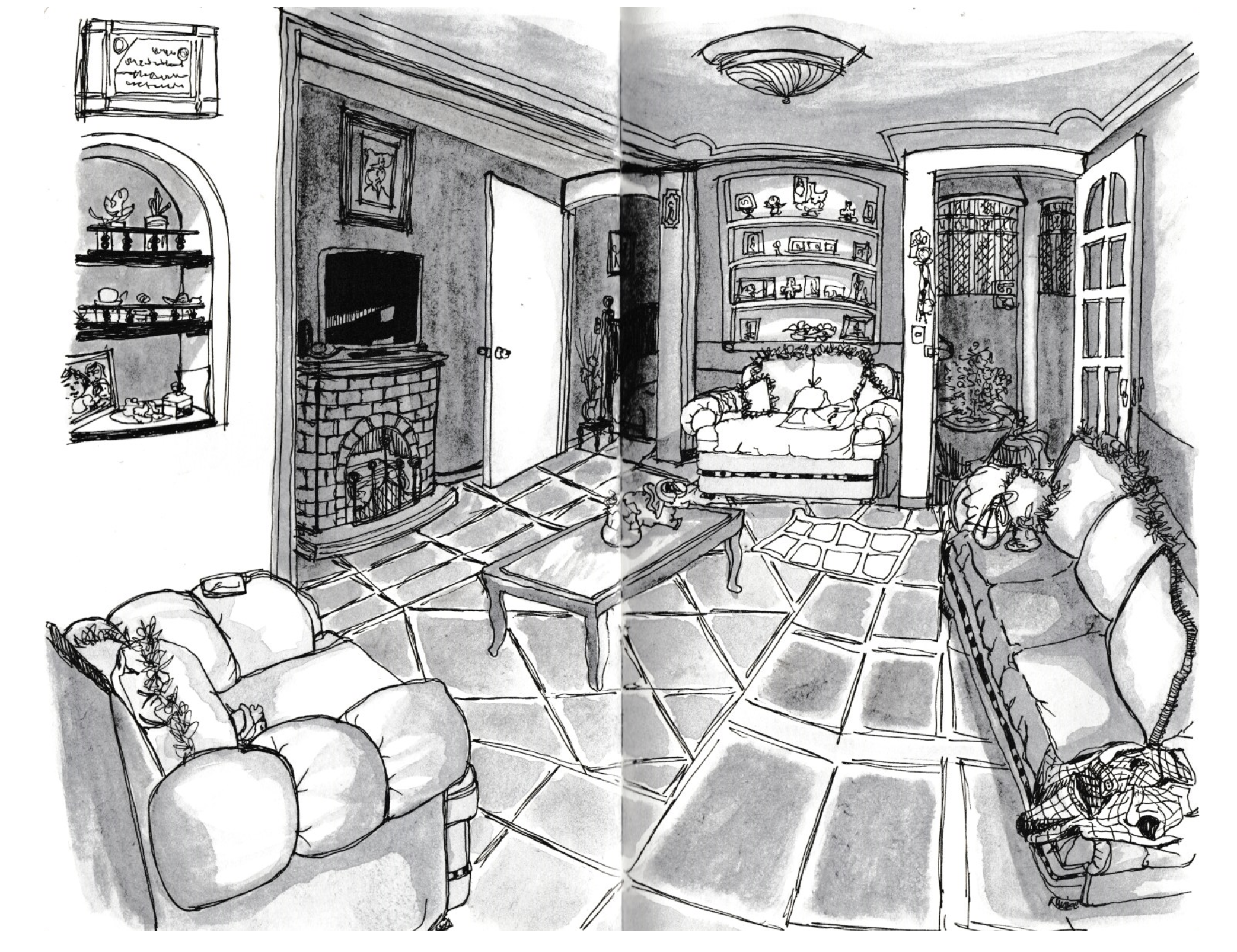 Black and white sketch of a cozy living room with a sofa, armchair, coffee table, fireplace, bookshelf, and decorative items like plants, lamps, and artwork.