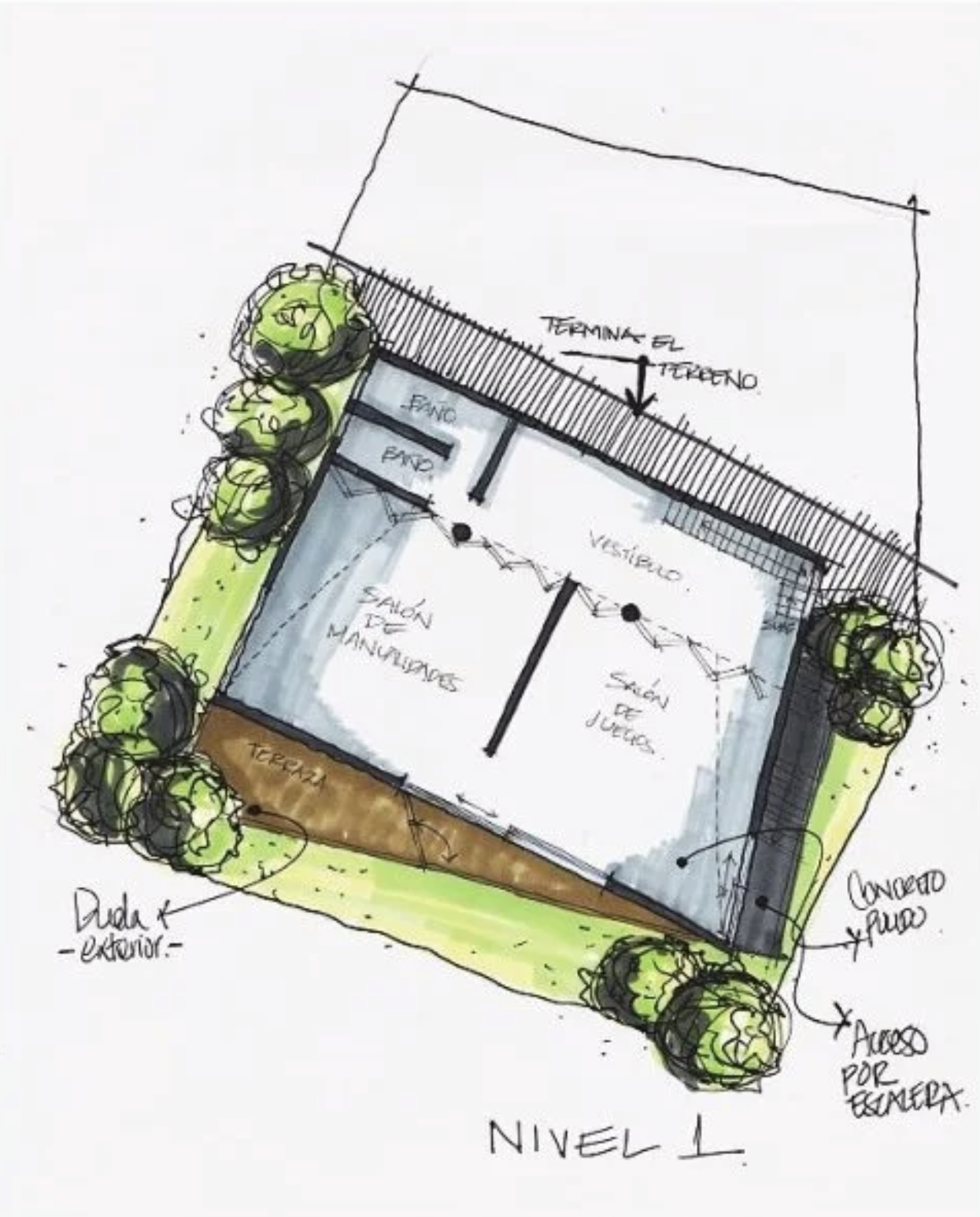 Hand-drawn architectural plan of a recreational facility showing a main hall labeled 'Salón de Juegos', a manicures and grooming salon labeled 'Salón de Manicures', a foyer labeled 'Vestierbo', and an exterior terrace surrounded by trees. The plan includes notes about landscaping, entry points, and fencing.