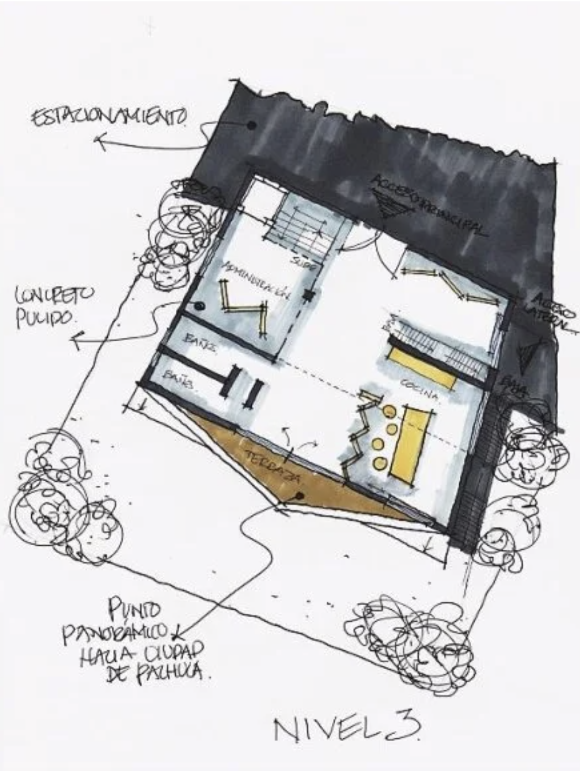 Architectural sketch of a residential house plan with labeled areas including living room, kitchen, bathrooms, staircase, and exterior features, surrounded by trees and landscape notes.