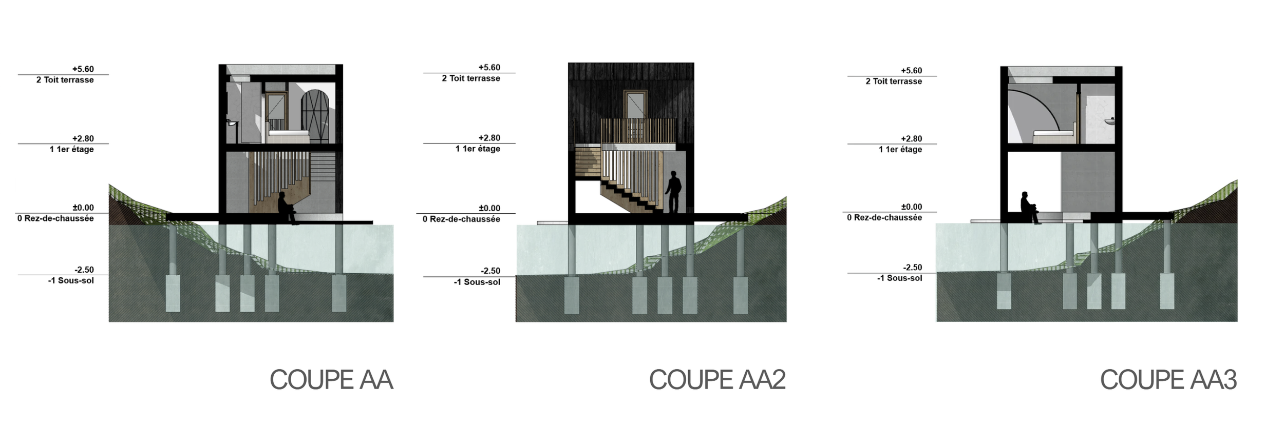 Architectural drawings showing cross sections of a house's interior from three different angles, with levels labeled in Spanish, including terraces, floors, a basement, and silhouettes of people.