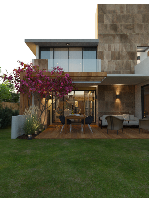 Modern house with outdoor dining area, pink flowering tree, and seating on a wooden deck, surrounded by a well-maintained lawn.