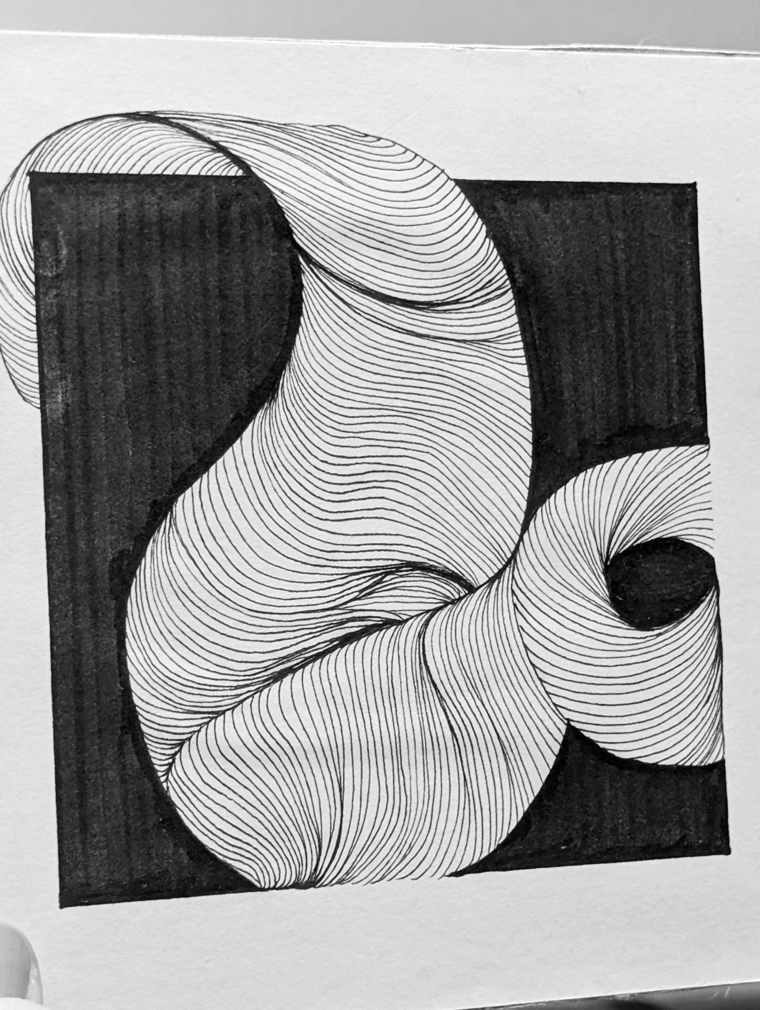 Black and white drawing of a face with minimalistic, curved lines, and bold shading on the left side of the face.