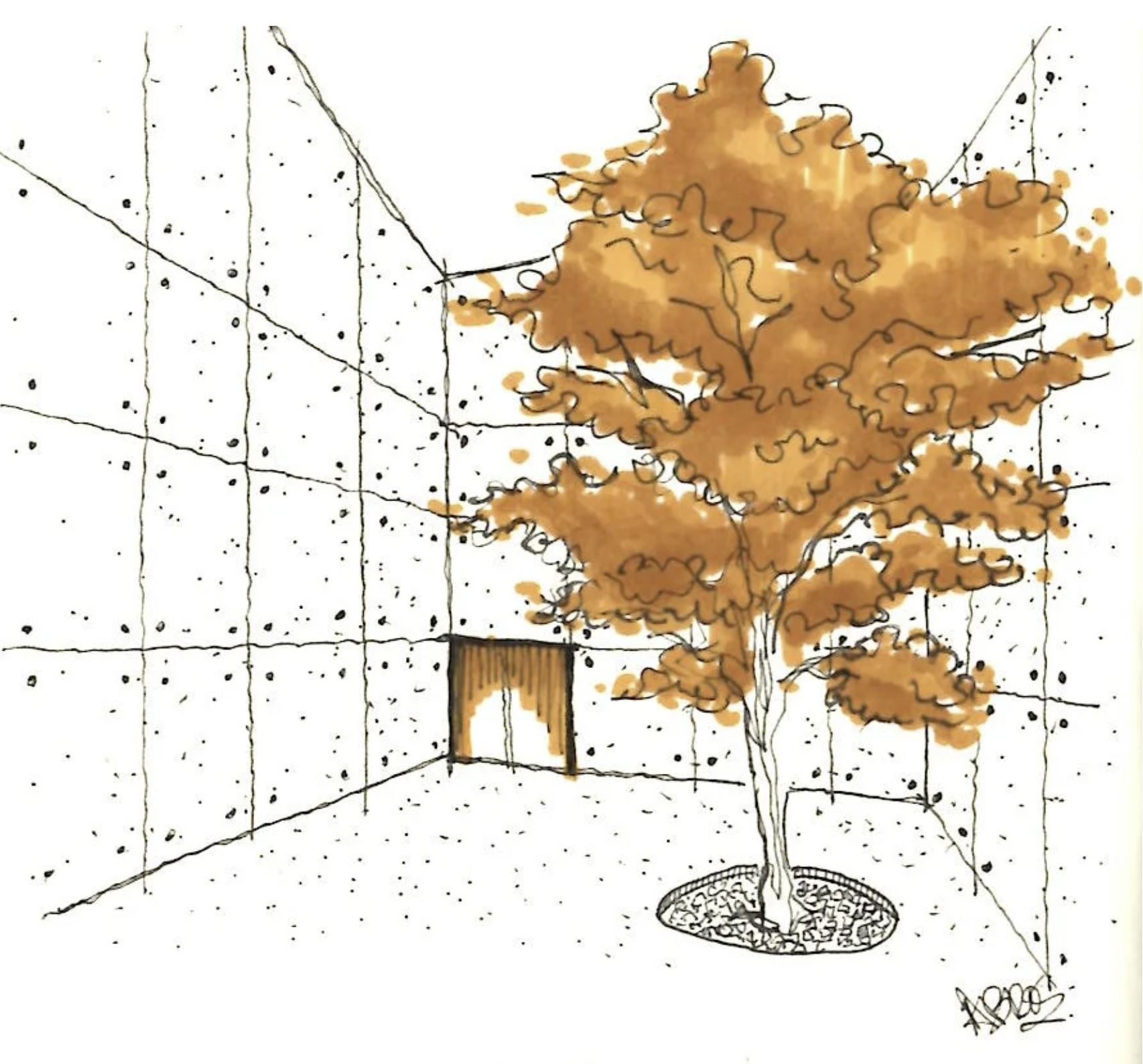 Watercolor sketch of a potted tree with brown leaves in front of a patterned background.