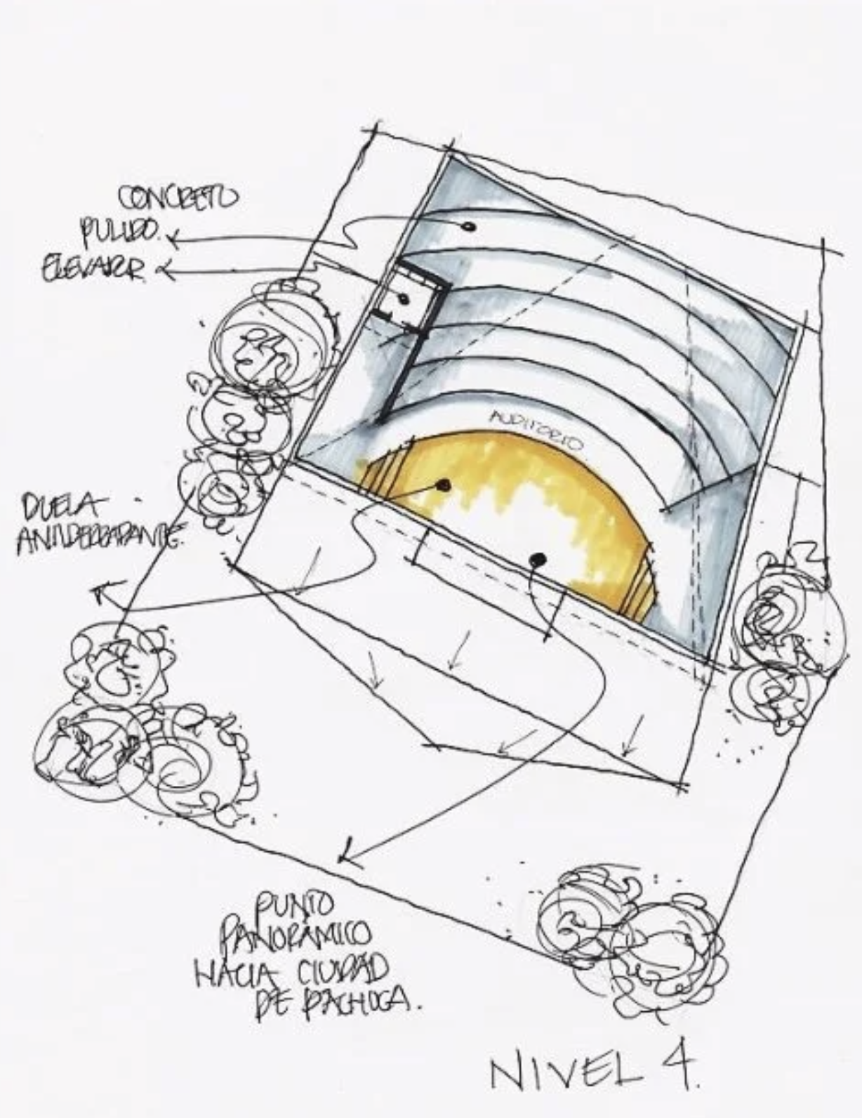 Sketch of a conceptual outdoor amphitheater design with labeled areas for seating, stage, and surrounding landscape, including annotations in Spanish and a note indicating this is level 4.