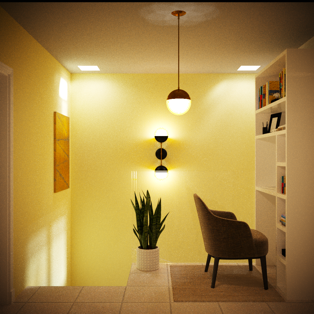 Interior of a cozy reading nook with yellow walls, a brown armchair, a white bookshelf filled with books, a potted plant, and warm lighting from a ceiling and wall-mounted lamps.